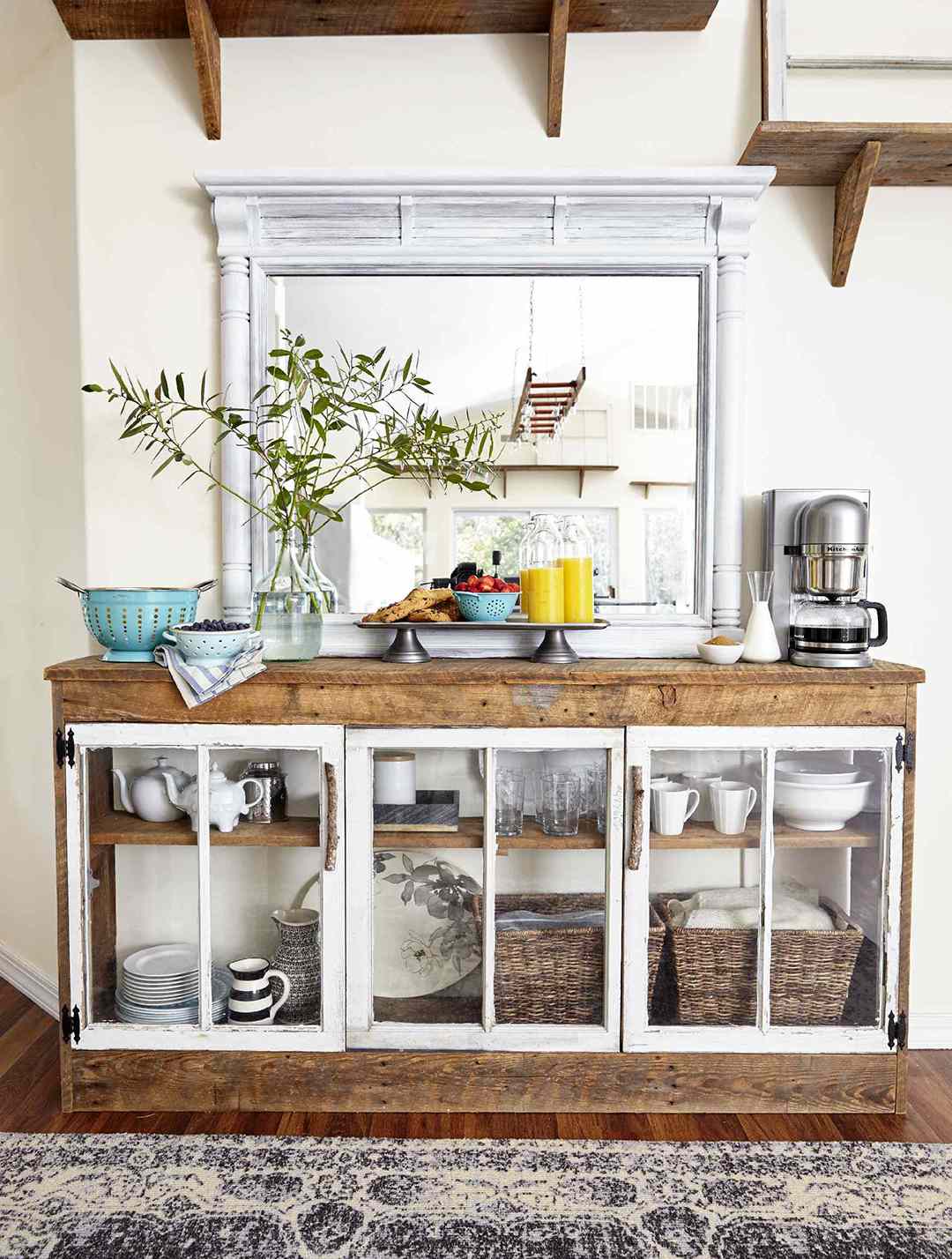 coffee station with rustic barnwood and mirror
