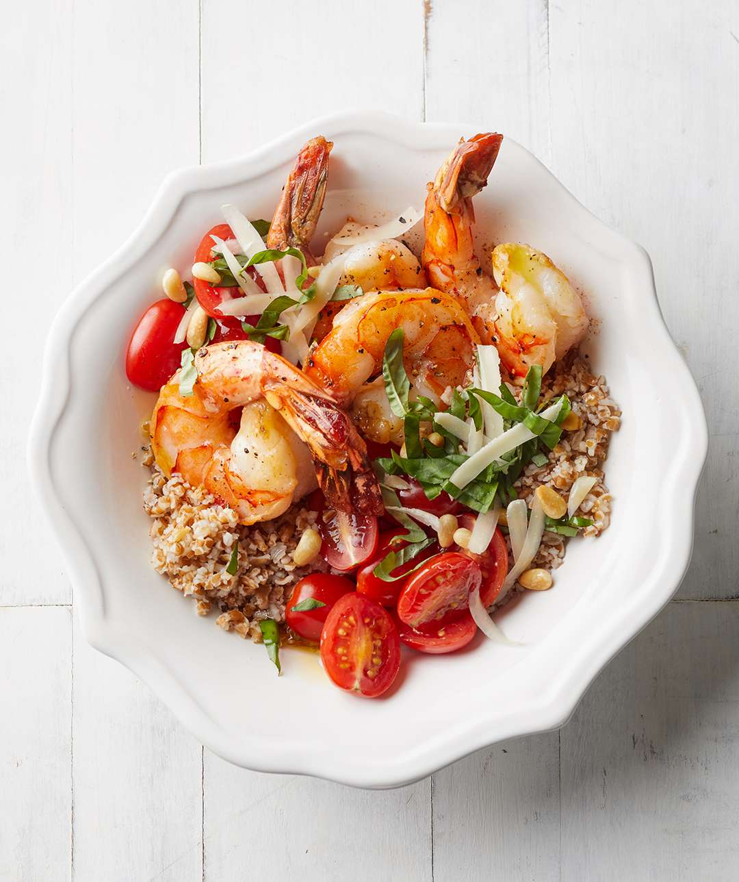 Shrimp, Tomato, and Bulgur Bowls white decorative bowl