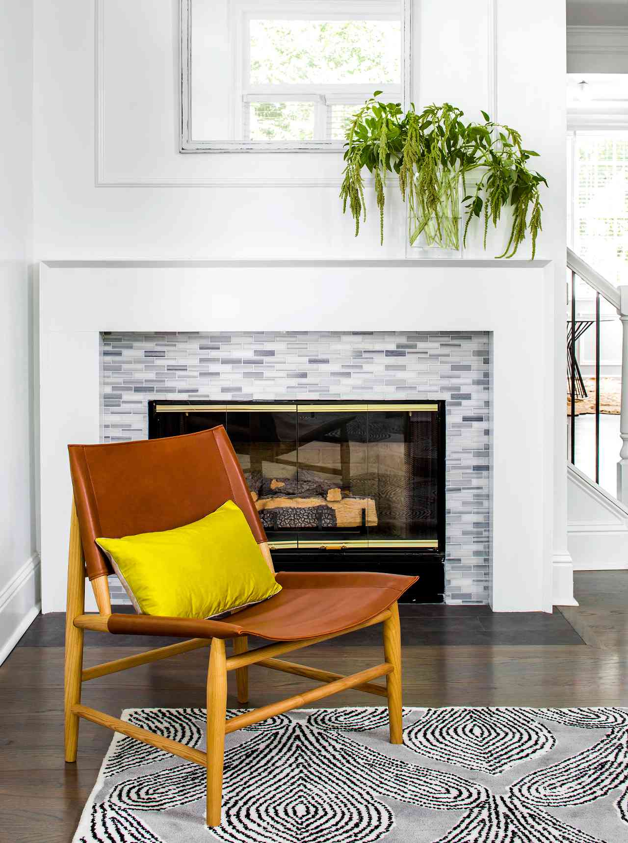 updated gray marble fireplace in corner