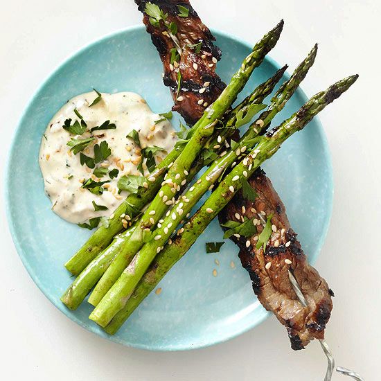 Beef and Asparagus with Caramelized Onion Aioli 