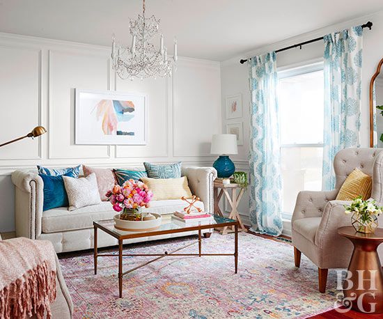 white living room full-view colorful accents