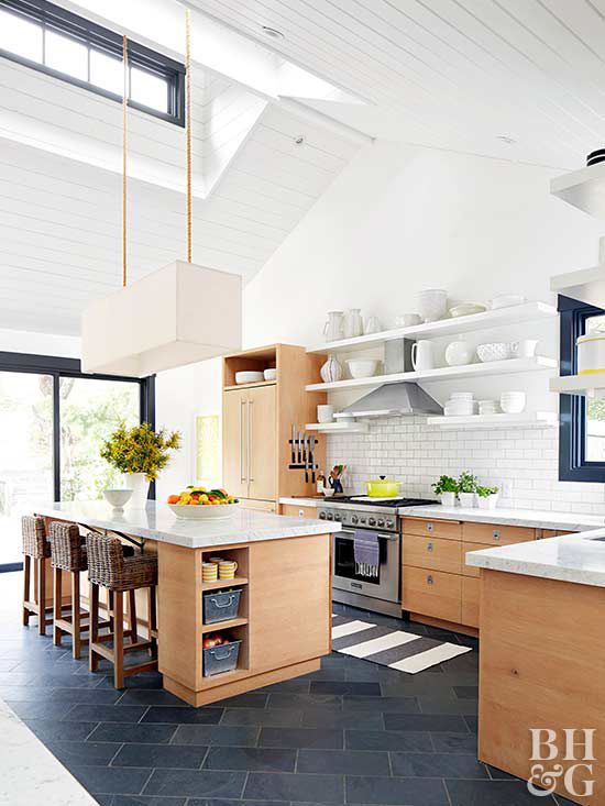 kitchen, floating shelves, high ceilings