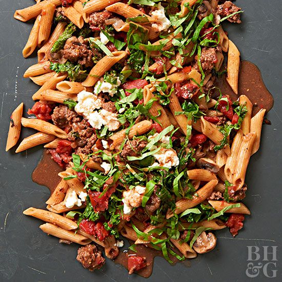 Weeknight Penne with Meaty Red Sauce and Greens