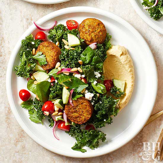 Kale and Falafel Salad with Toasted Pine Nuts