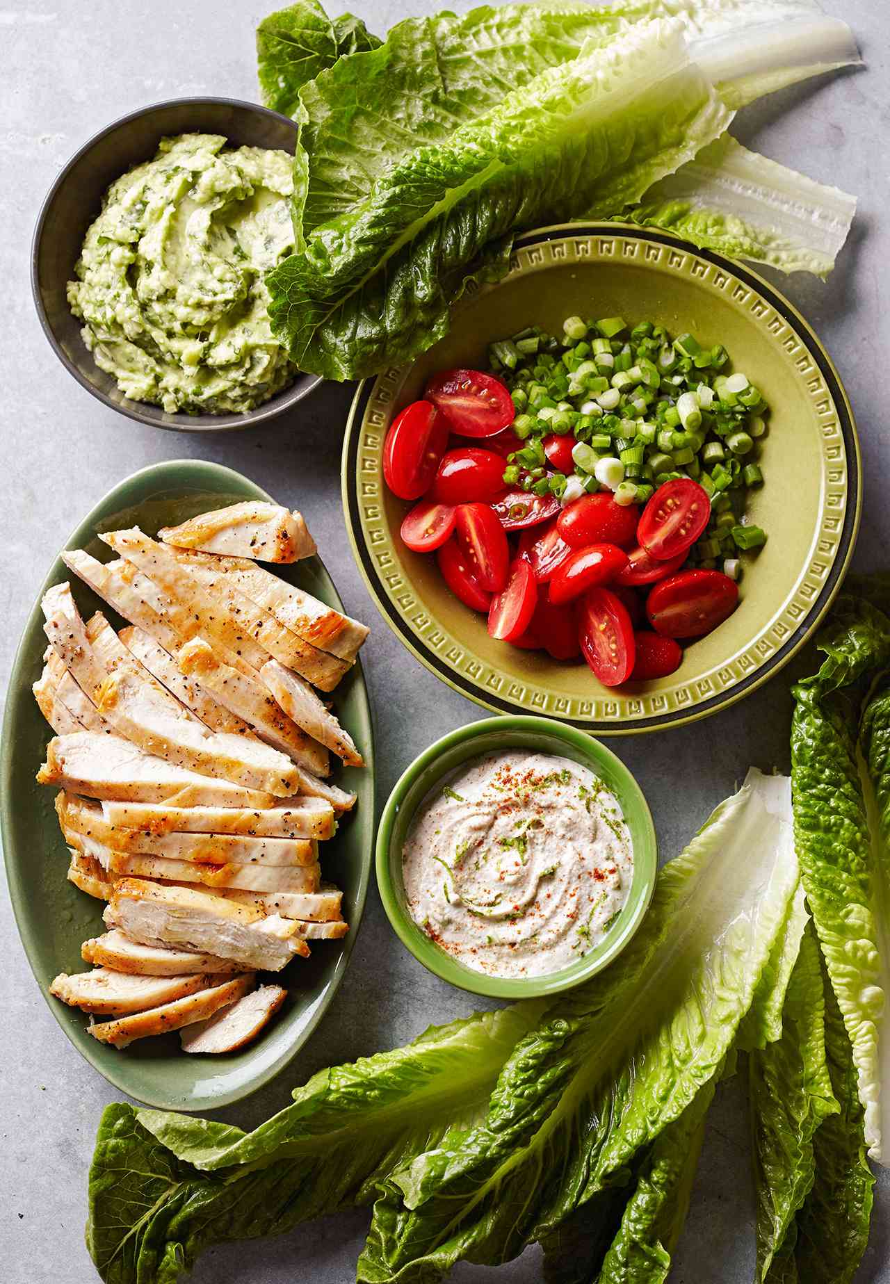 Paleo Chicken and Avocado Lettuce Wraps with toppings