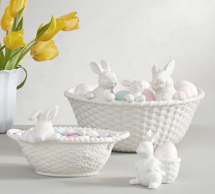 easter bunny basket serving bowl with eggs