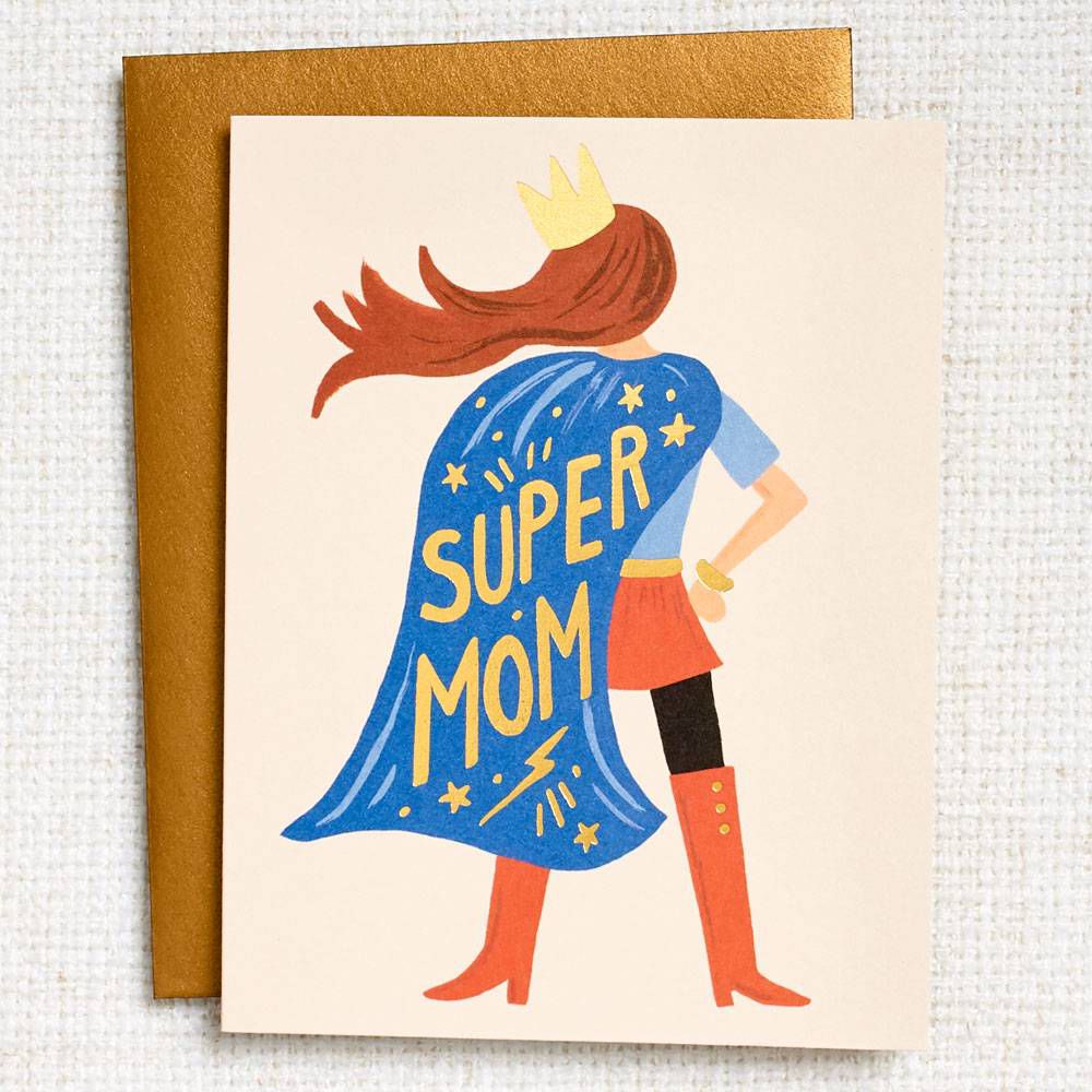 Super Mom Mother's Day Card with woman with blue cape and crown that says super mom in yellow text