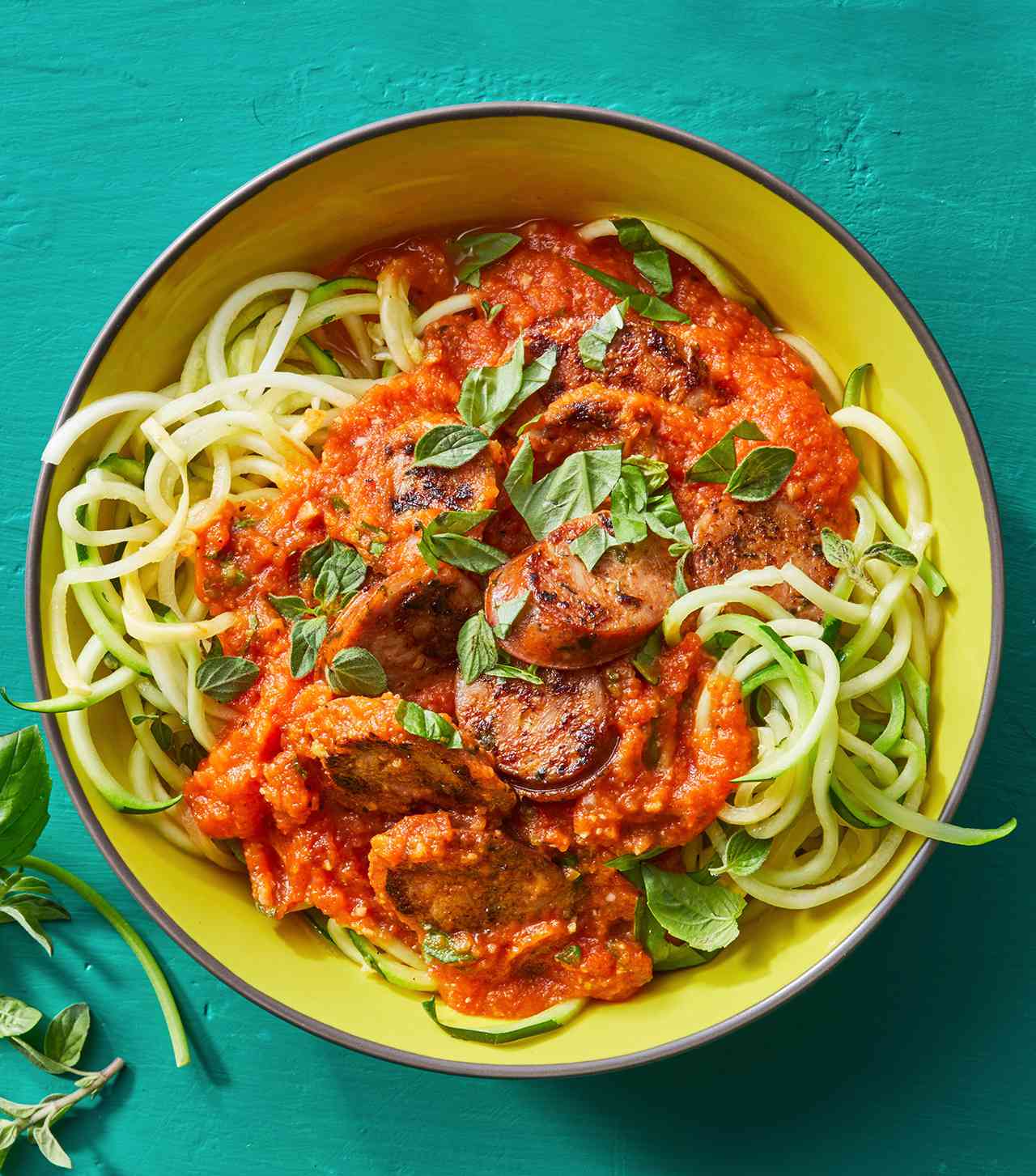 Zoodle Bowls with Tomato Sauce and Sausage