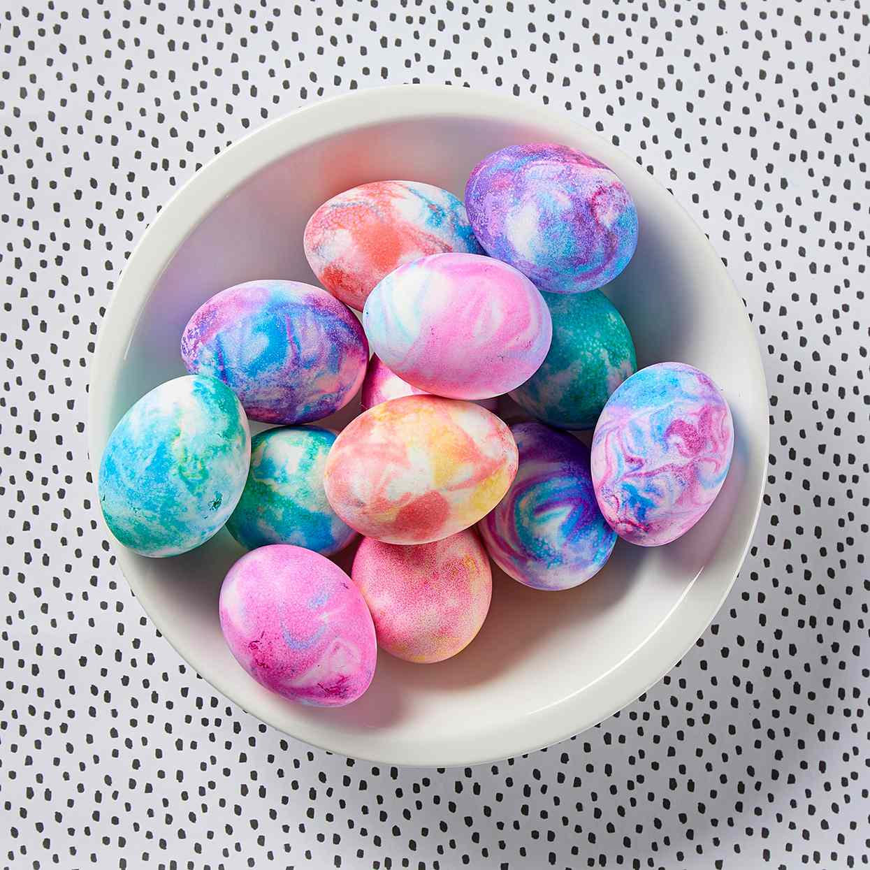 bowl of decorated eggs with swirled effect