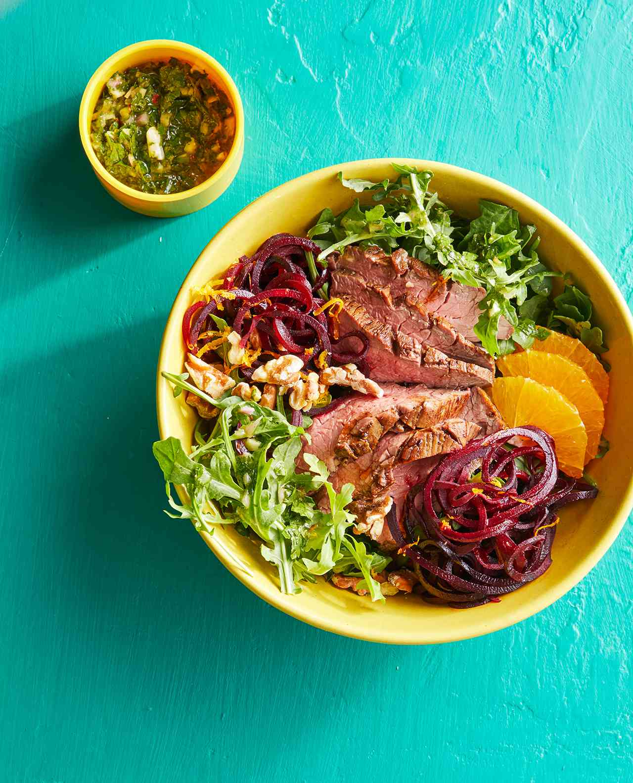 Beet Noodle Bowls with Steak and Chimichurri
