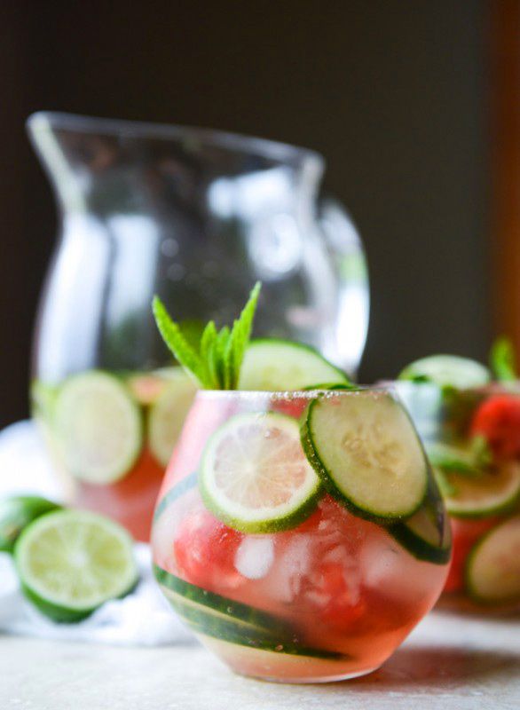 Cucumber-Watermelon Sangria in short clear glass