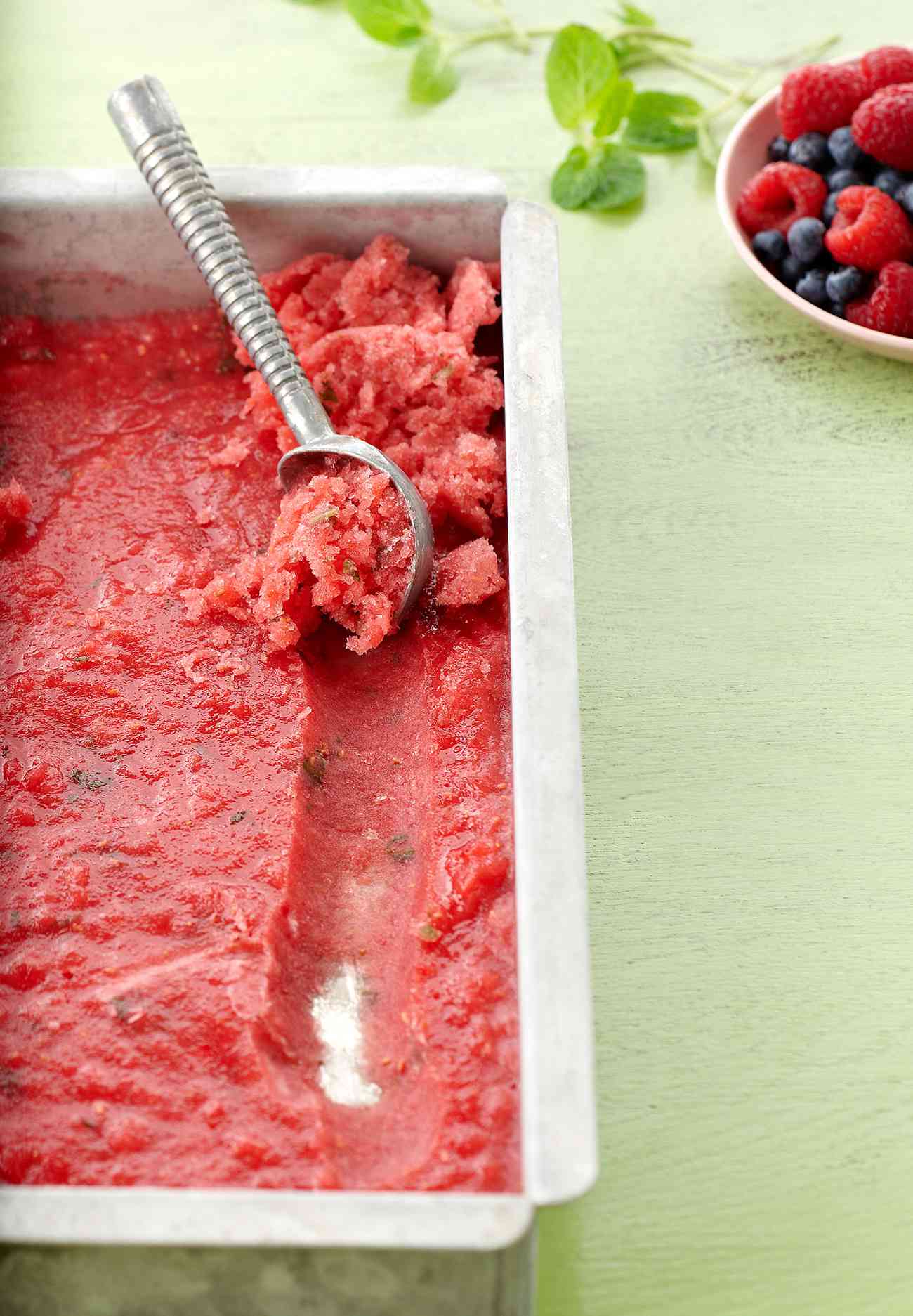 Watermelon-Berry Sorbet in metal pan