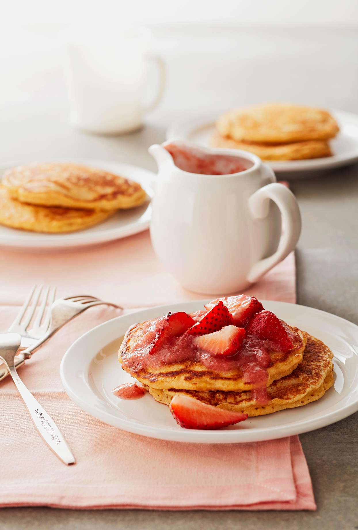 Grain Pancakes with Strawberry-Rhubarb Sauce