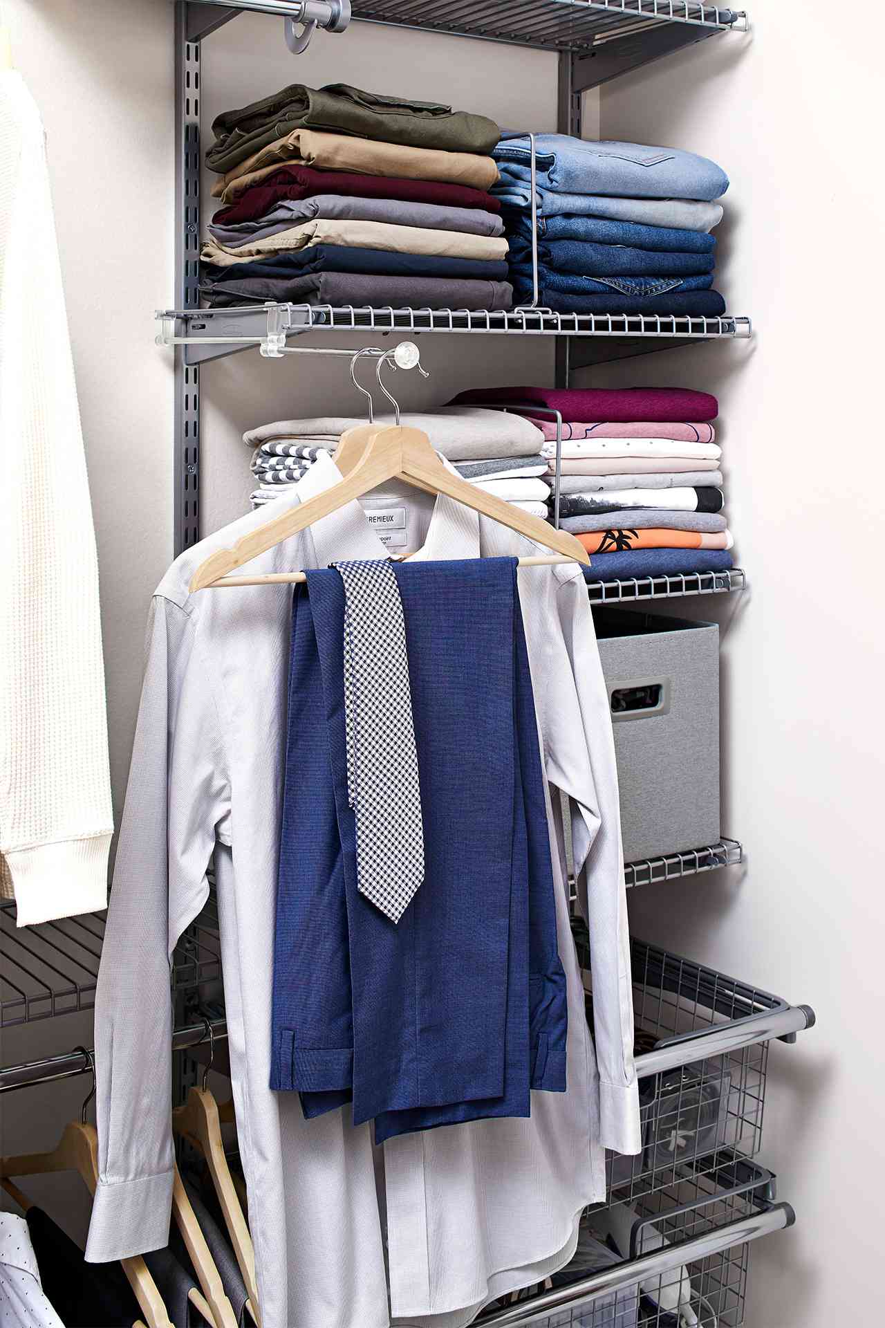 closet shelving organization hanging mens suit