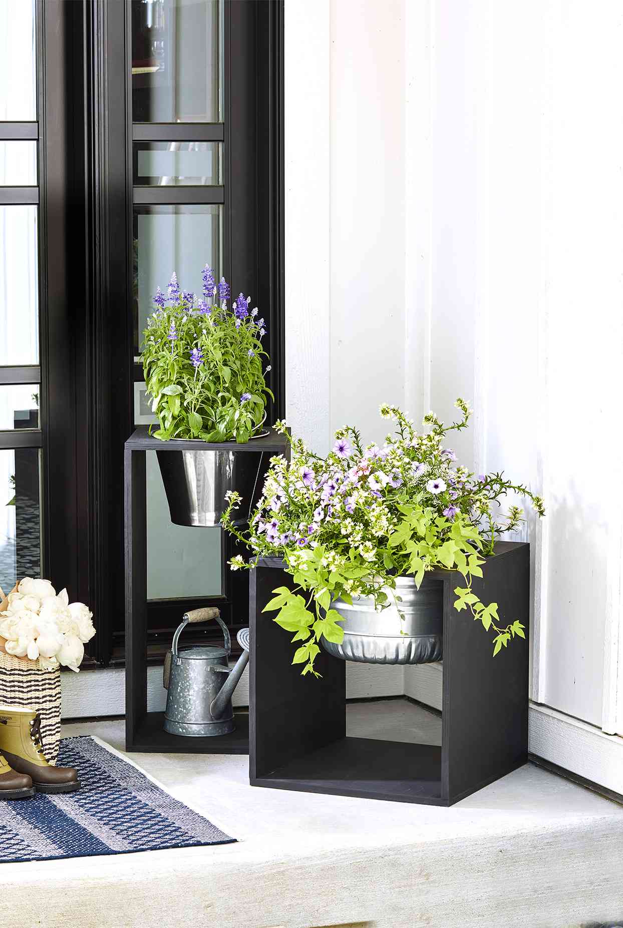 square and rectangular modern planters on stoop