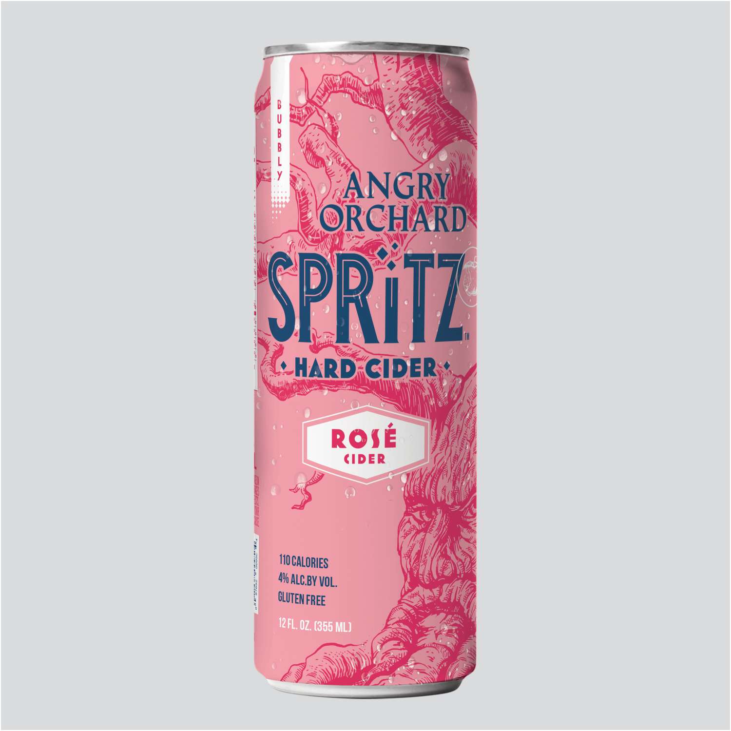 pink and blue can of Angry orchard spritz rose on gray background