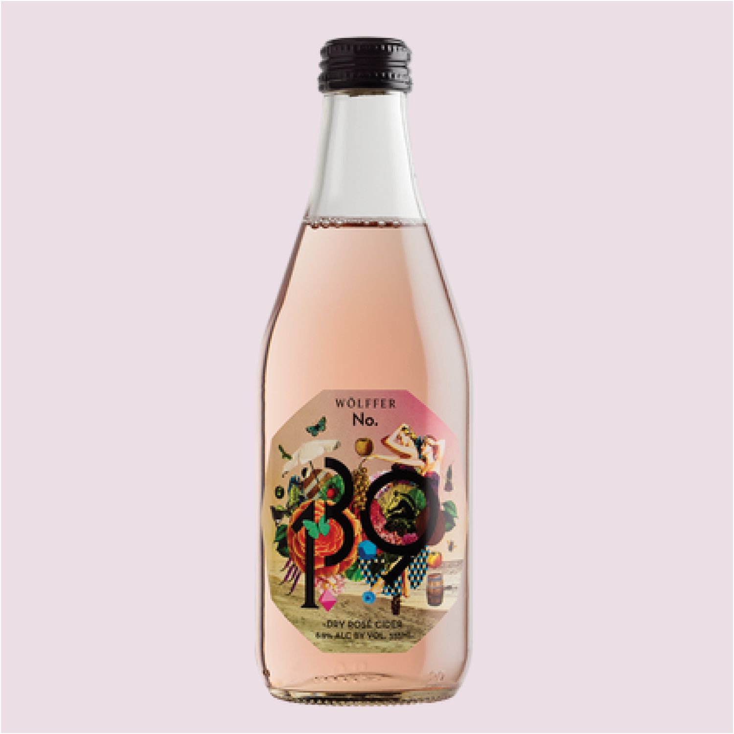Bottle of pink rose cider on a pink background