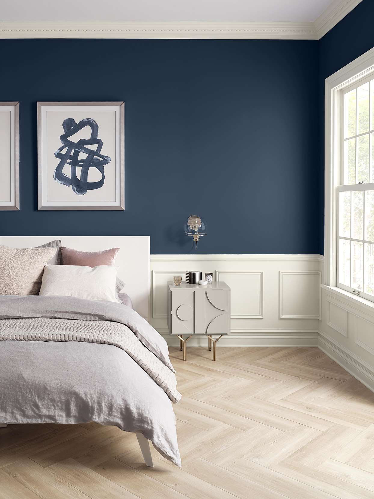 navy blue bedroom walls with white wainscoting