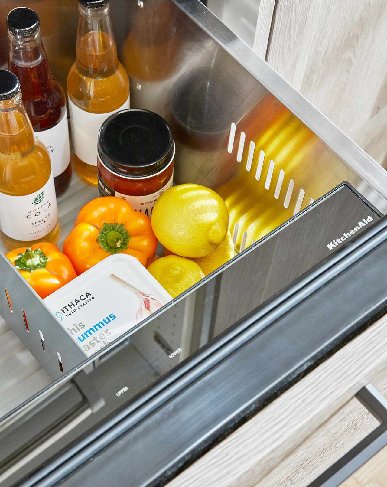 slide out drawer fridge produce and beverages