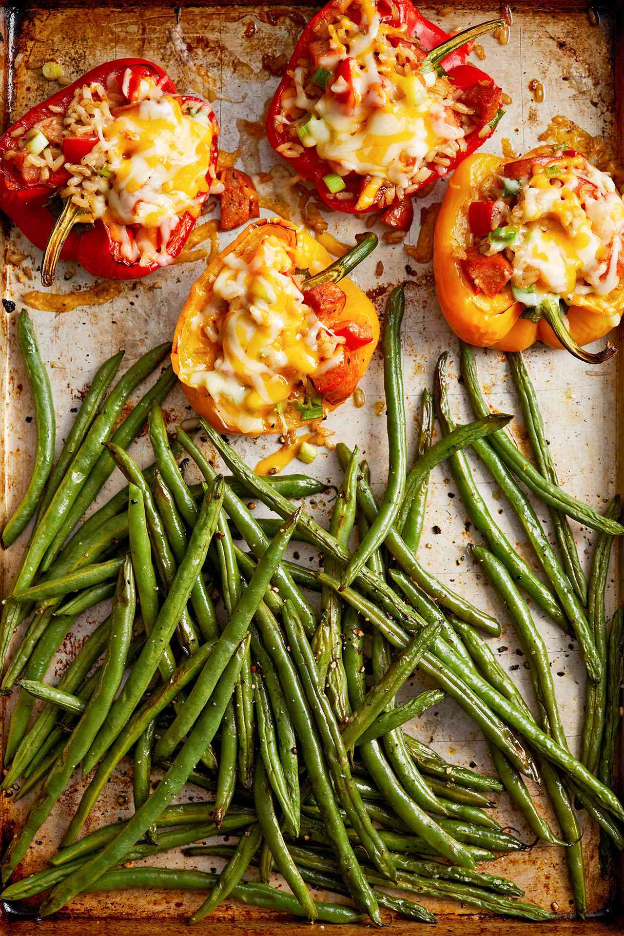 Chicken Andouille-Stuffed Peppers with Roasted Green Beans