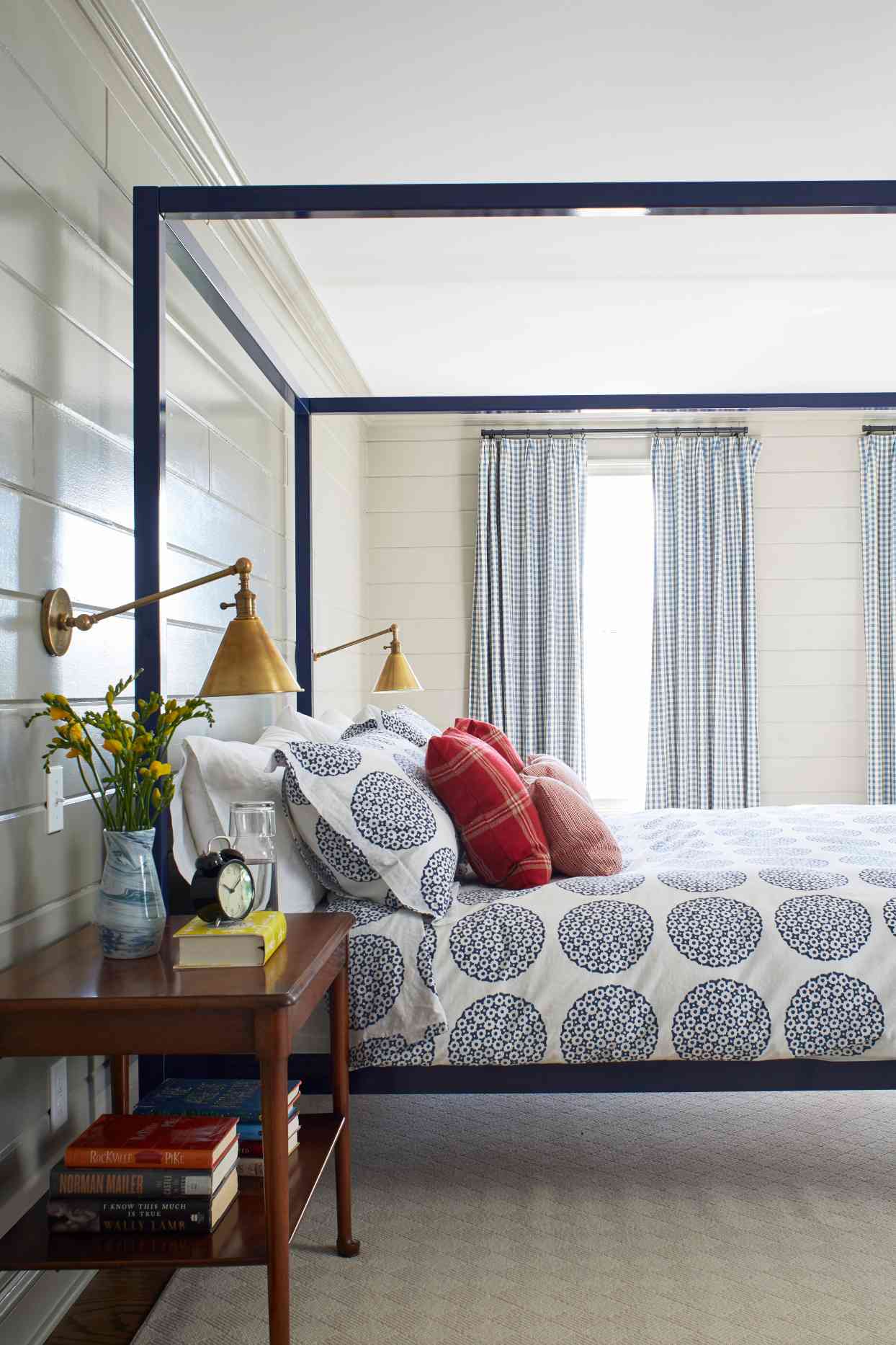 modern farmhouse bedroom blue and white comforter