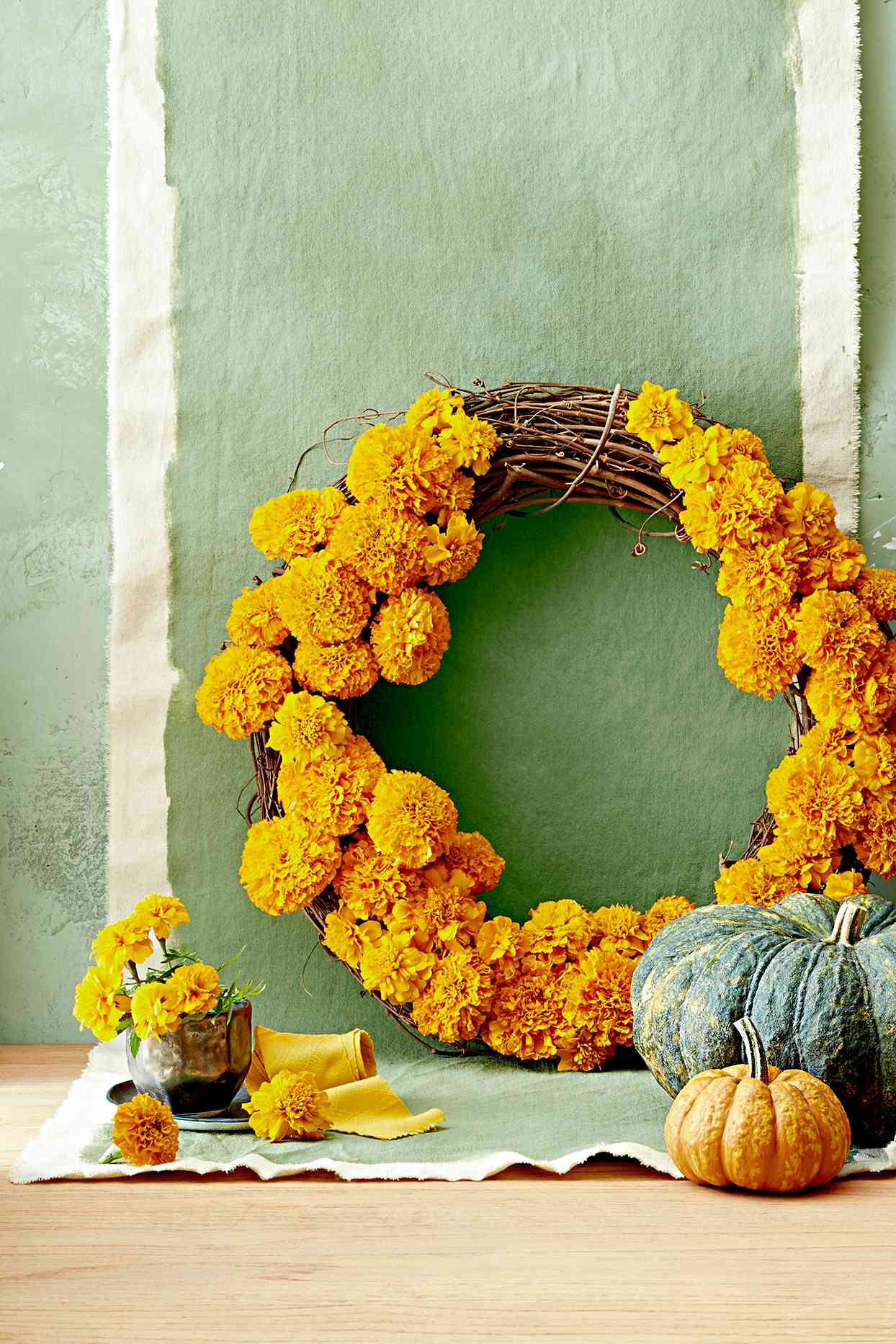 Marigold wreath with pumpkins