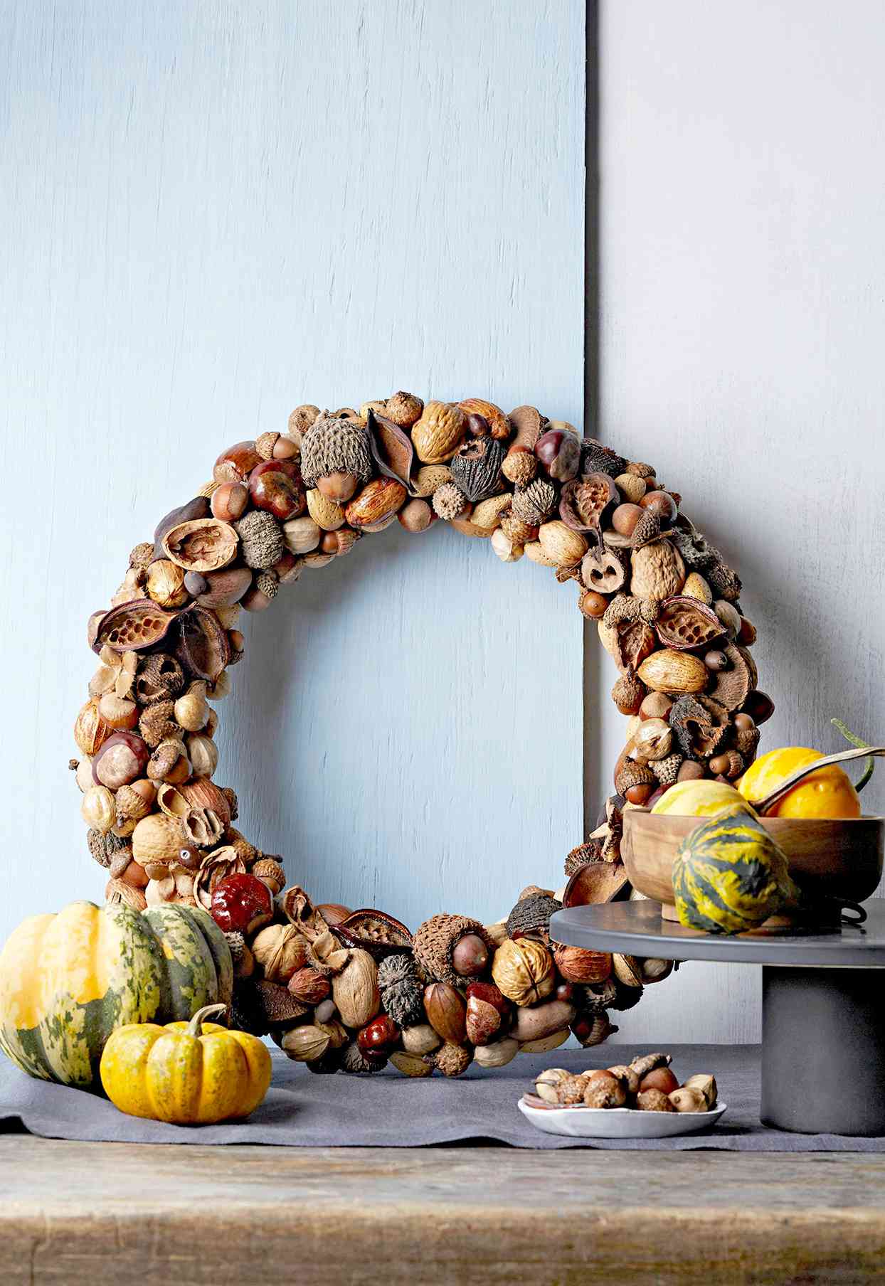 Wreath of nut shells with pumpkins