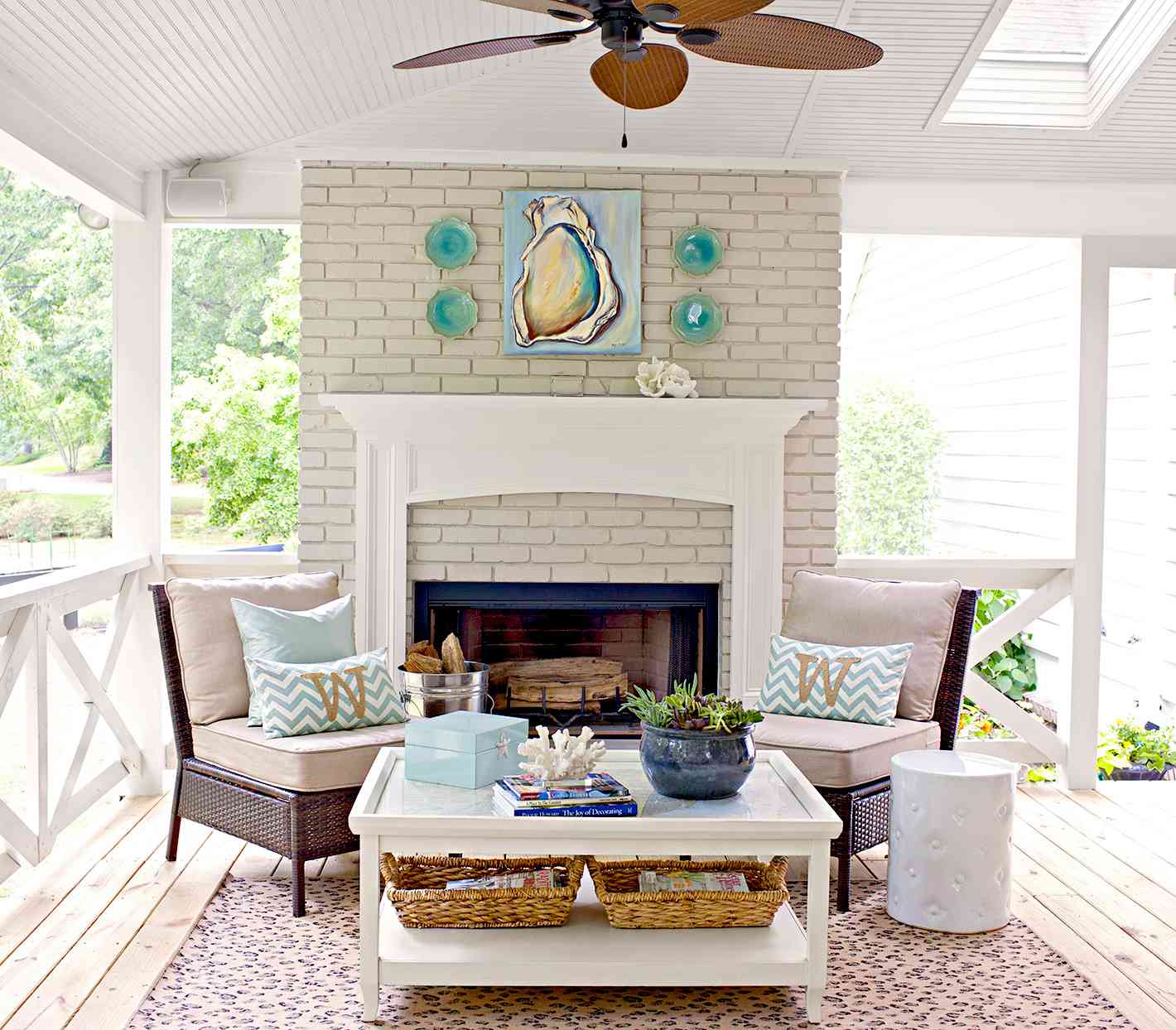 Porch with fireplace, seating for two