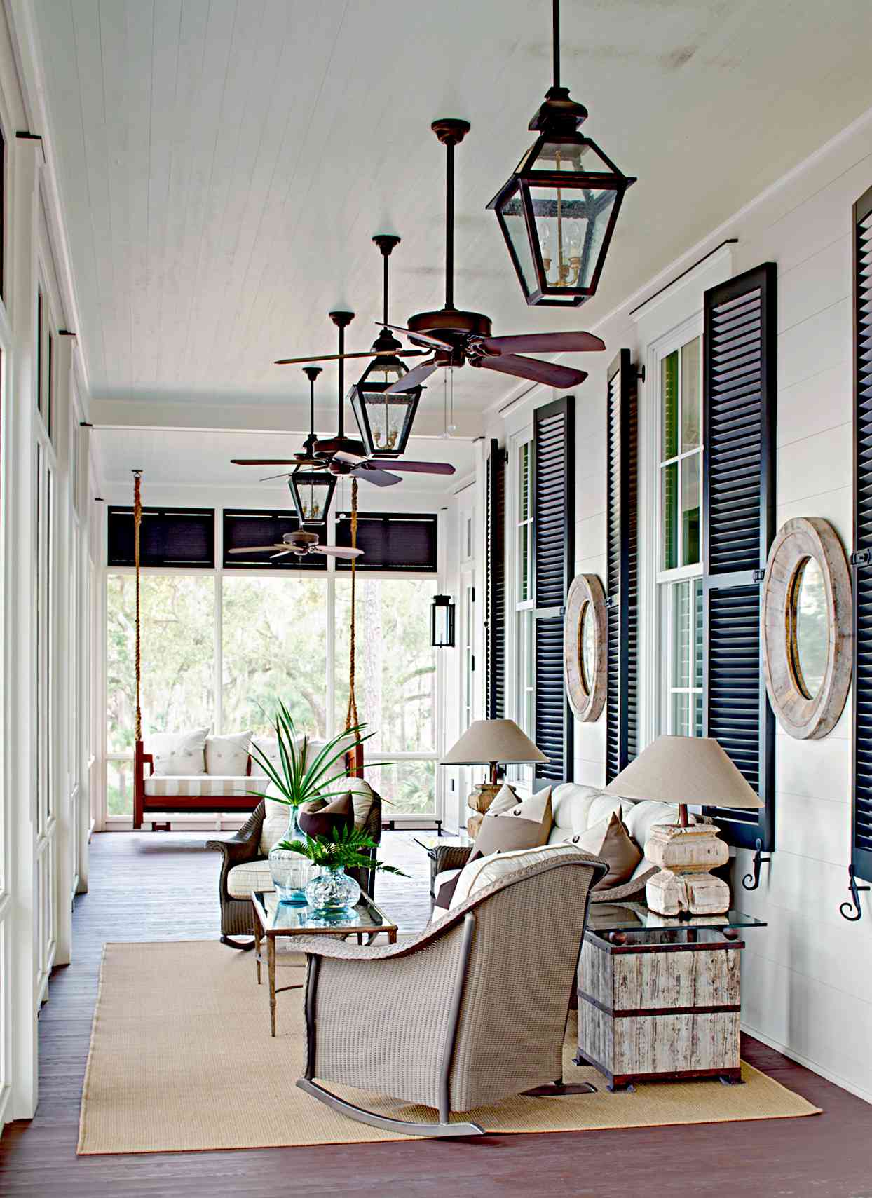 Porch with dining room set, fans