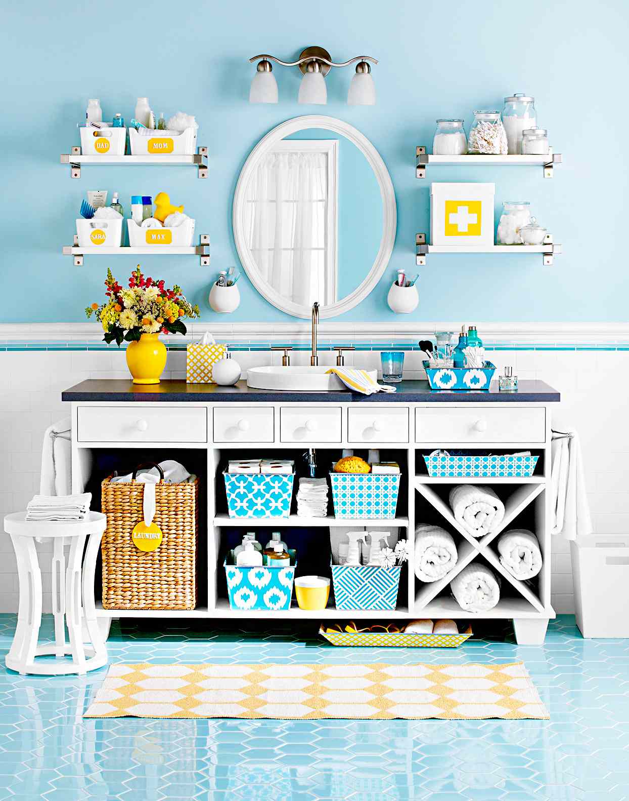 Yellow and blue bathroom with cupboard storage