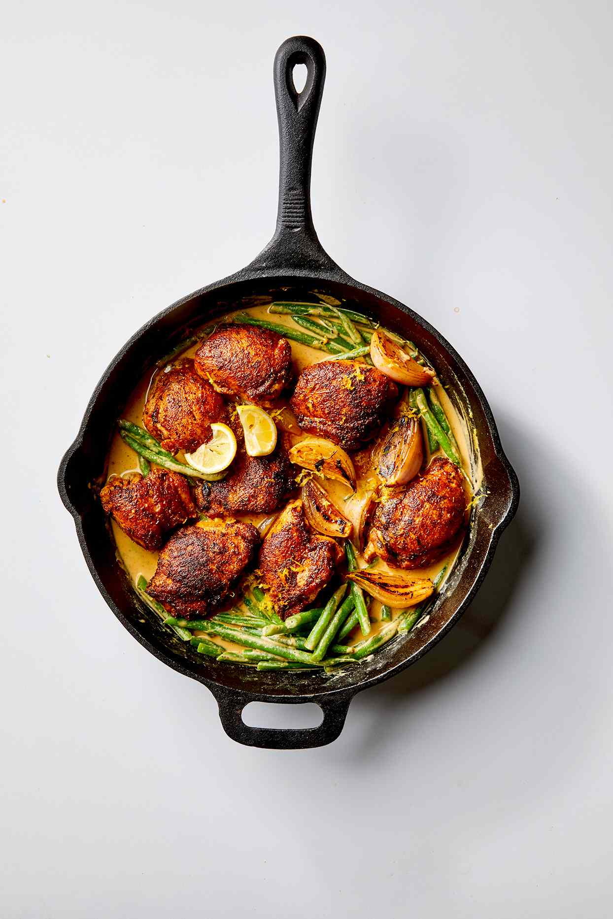 Skillet Chicken and Green Beans with Lemon-Tahini Sauce