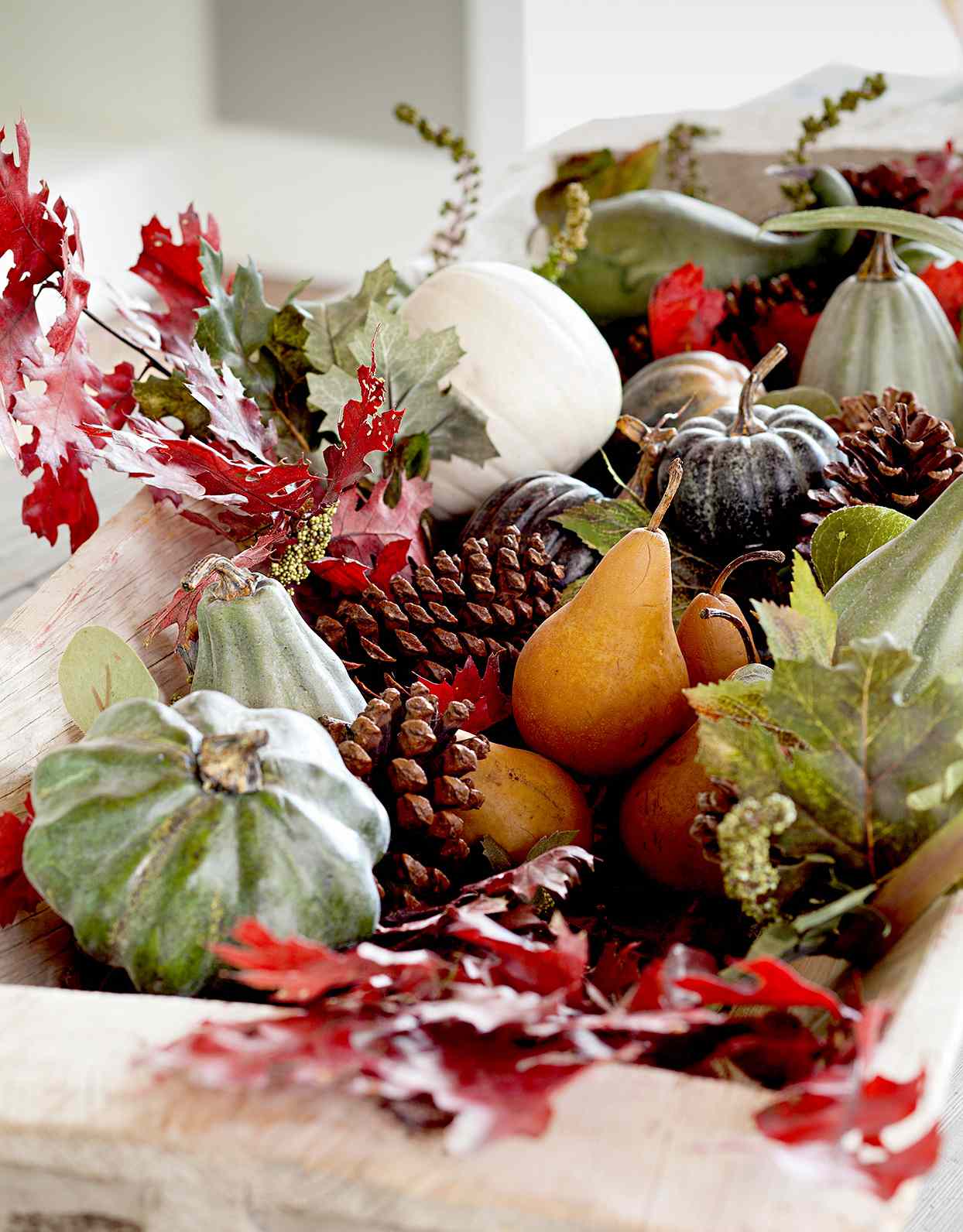 Fall d&eacute;cor with pumpkins, gourds, pears, pinecones, and leaves