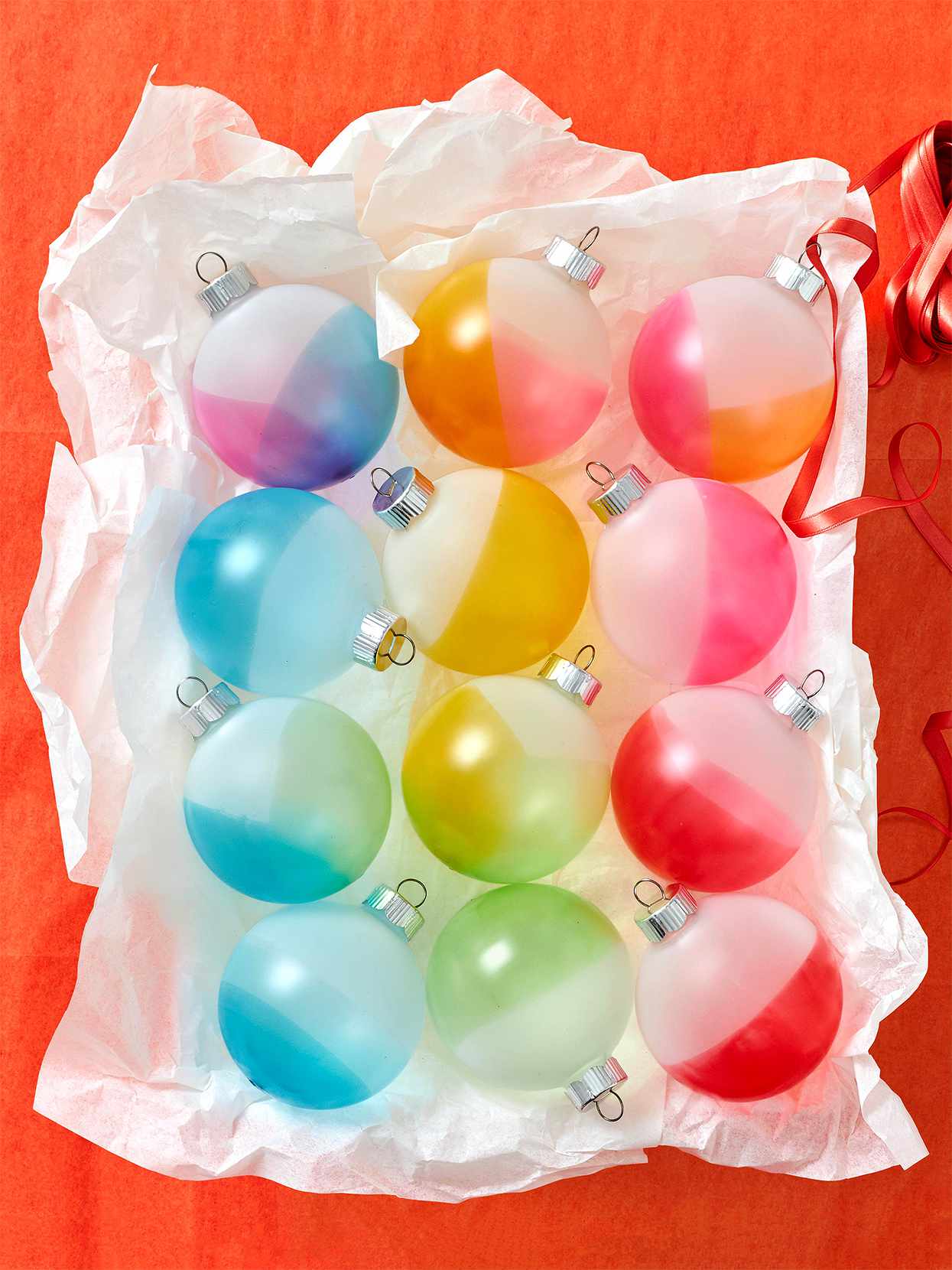 dipped forsted glass Christmas ornaments in candy hues