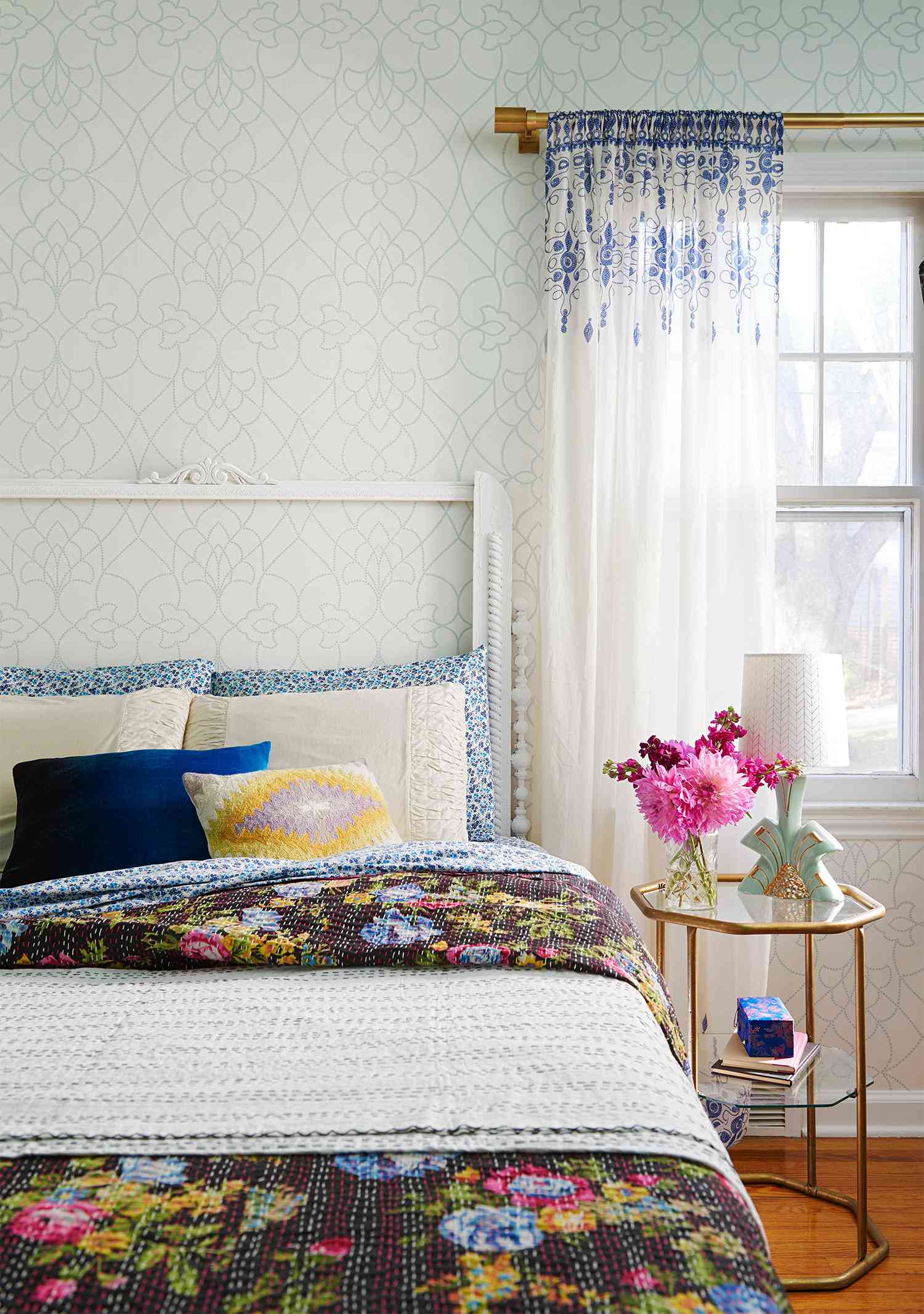 eclectic bedroom style with sheer drapery