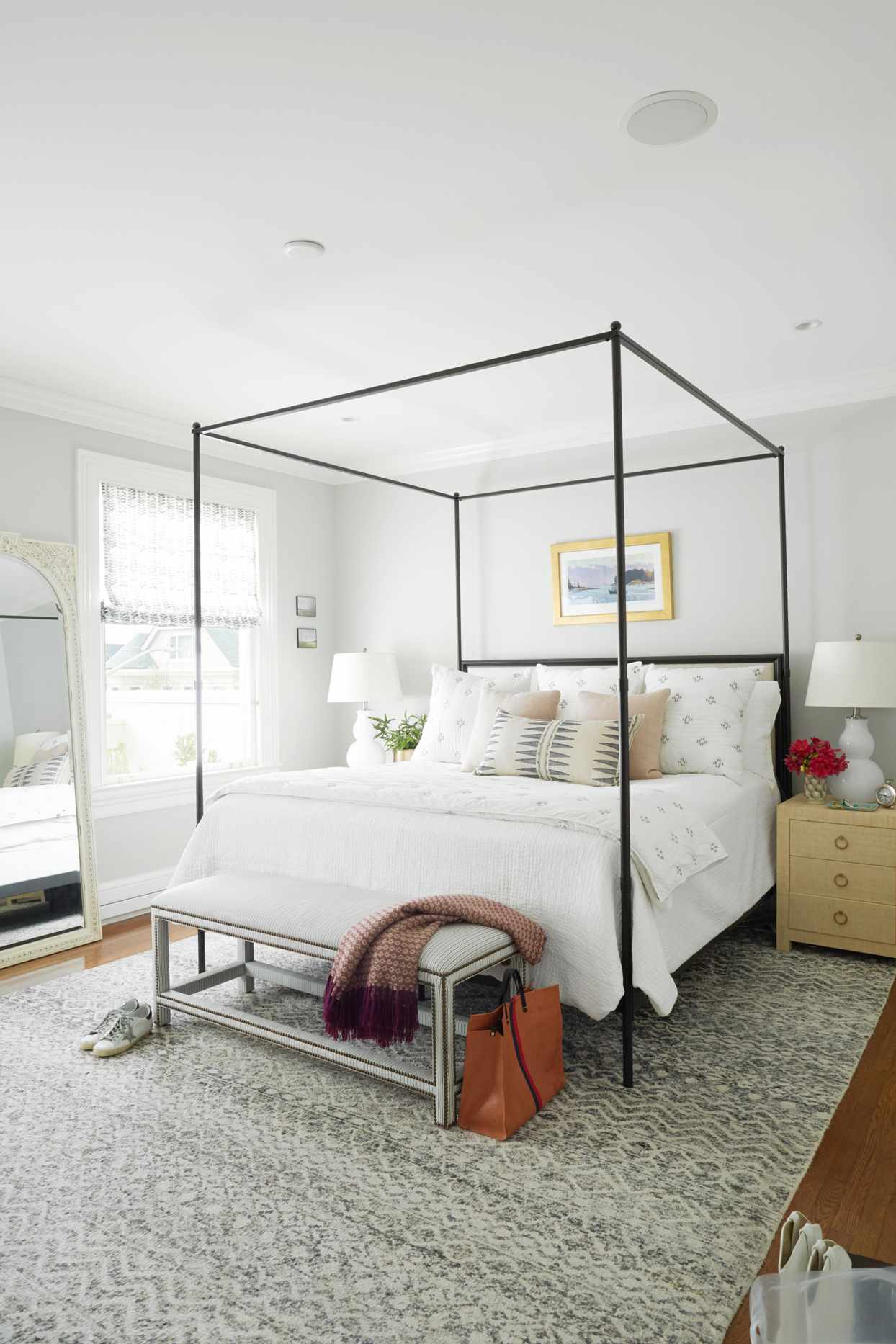 metal bed frame white bedding bedroom