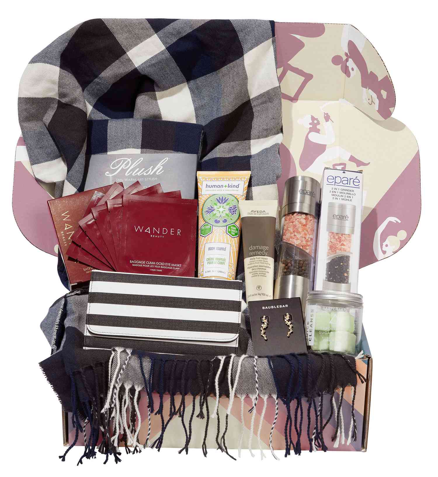 FabFitFun subscription box featuring beauty products and a plaid scarf