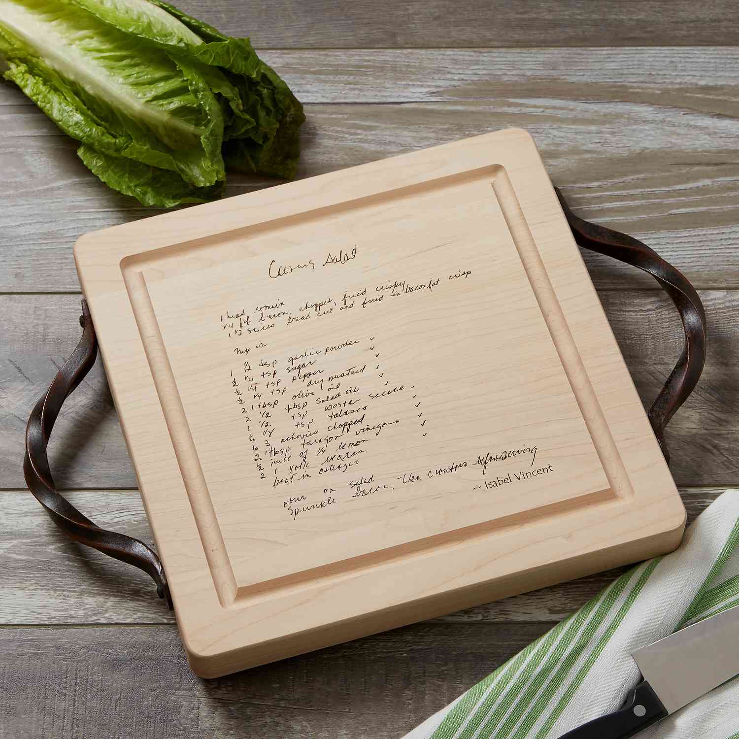 Square wood cutting board with engraved handwritten recipe