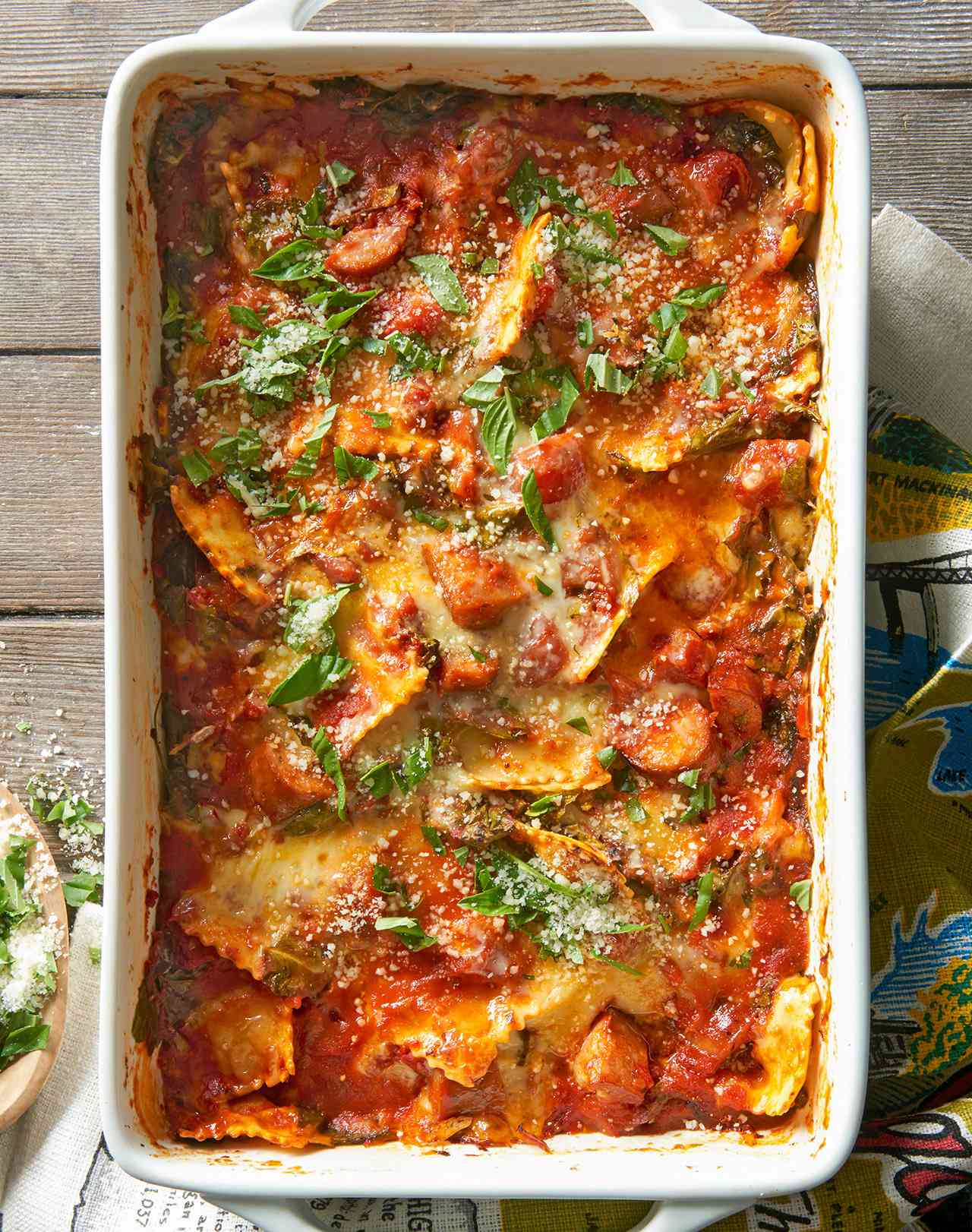 Ravioli Lasagna with Baby Kale and Italian Sausage