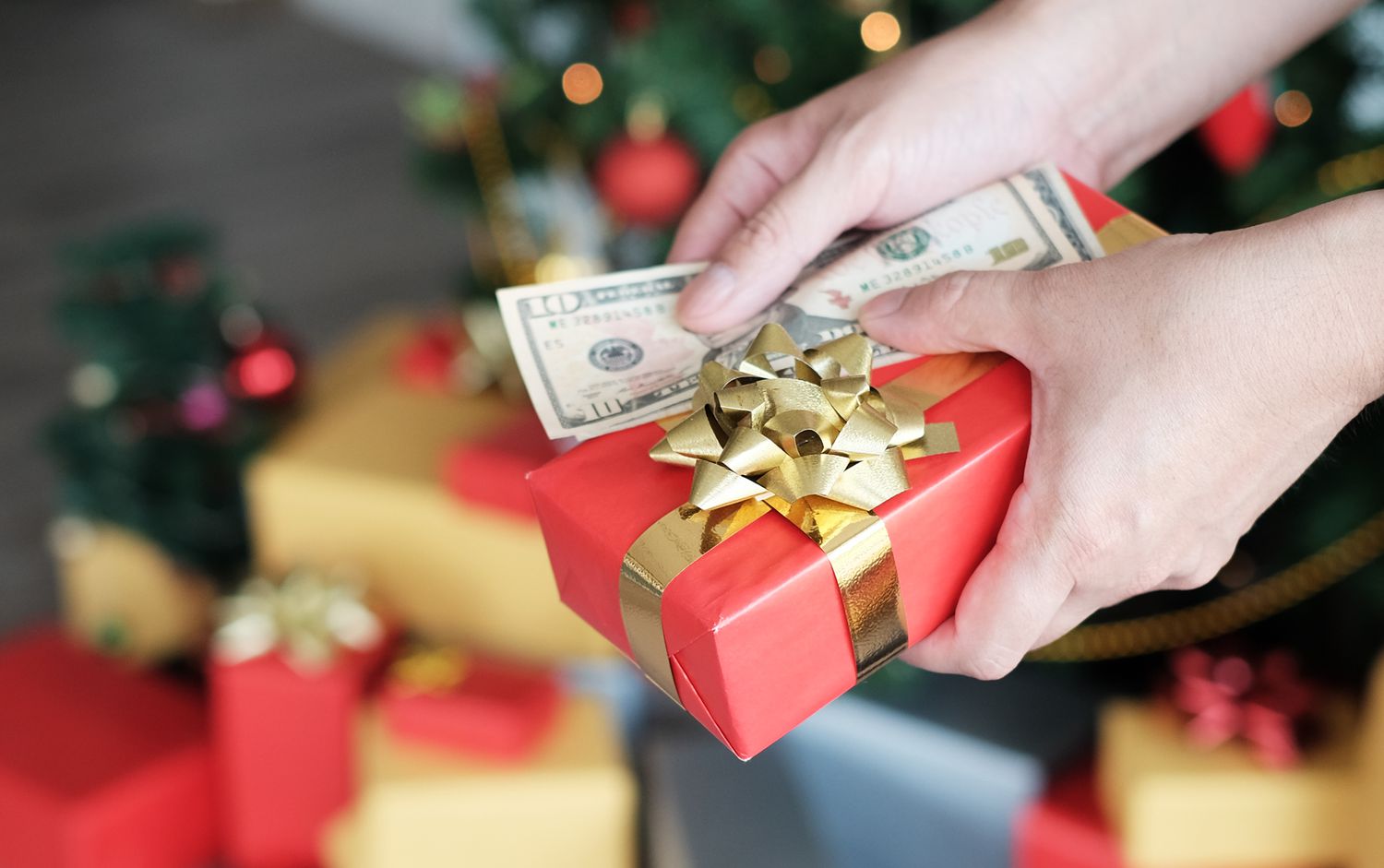 hands with cash and a small wrapped gift near a Christmas tree