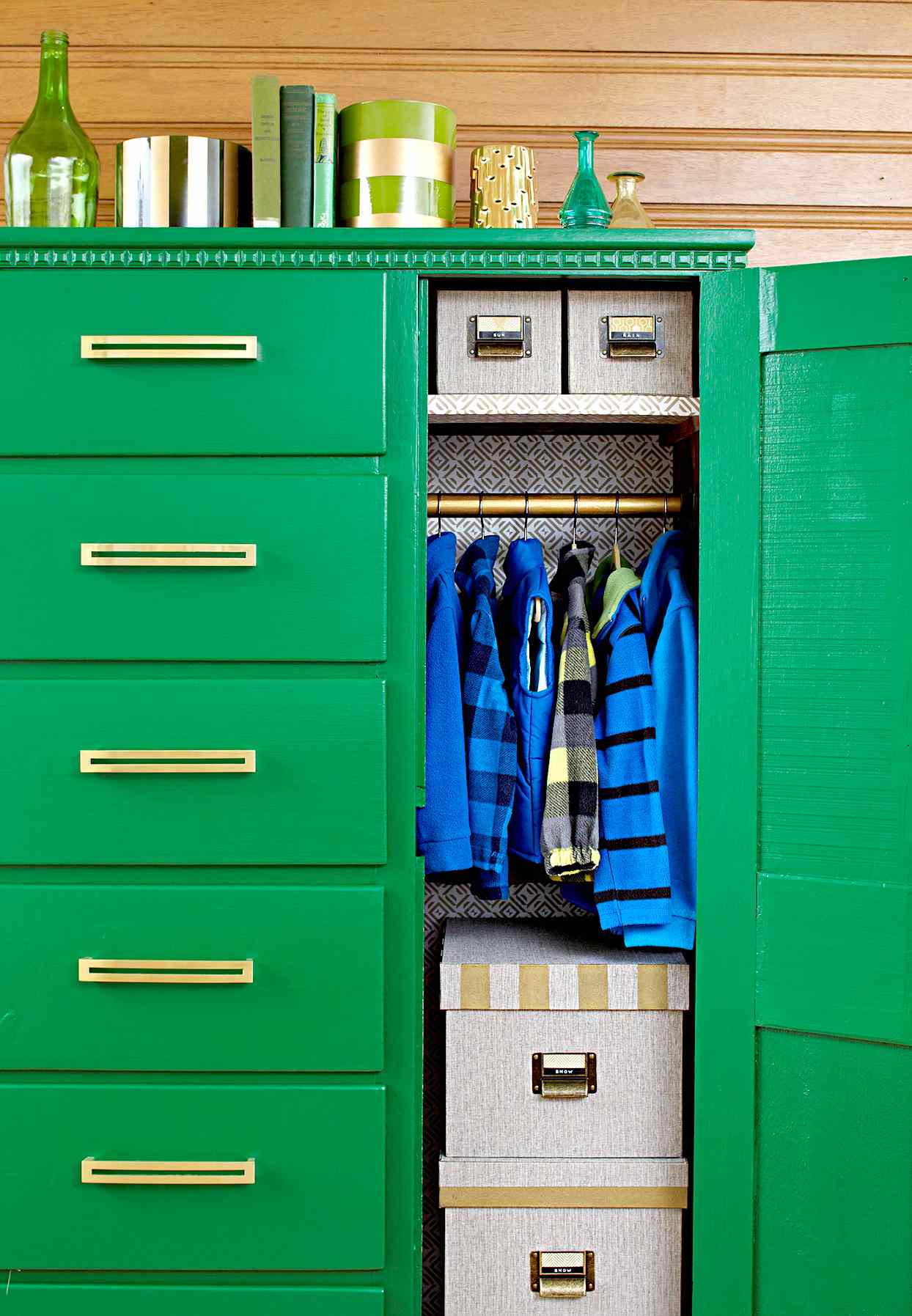 Green closet with blue and yellow clothes