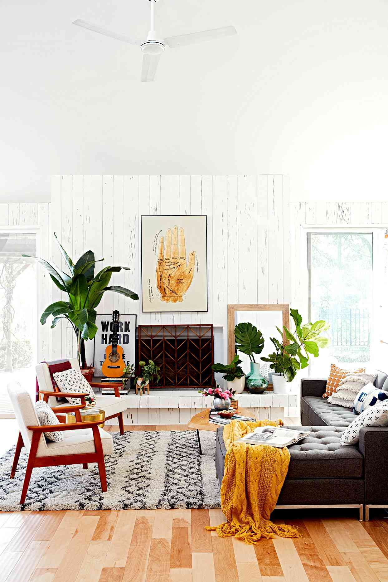 Living room with white walls and fireplace
