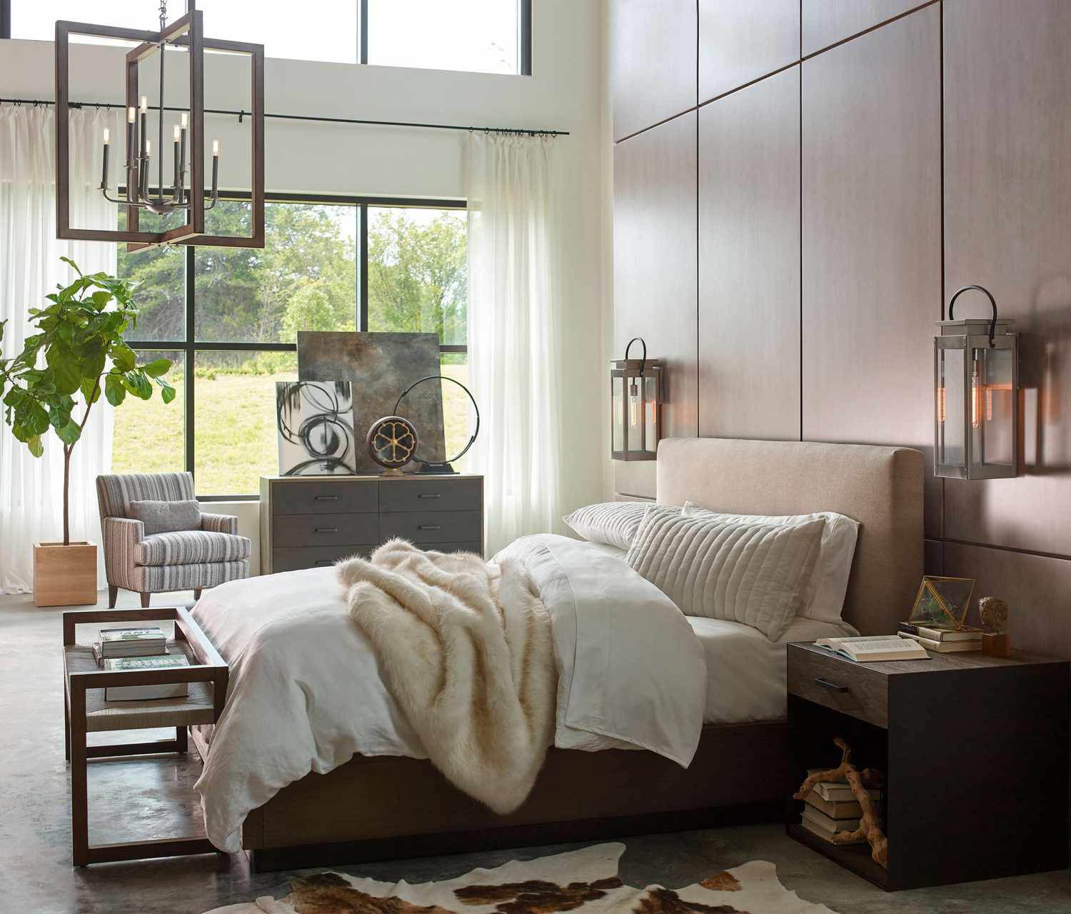 neutral tones cozy bedroom with mounted sconces