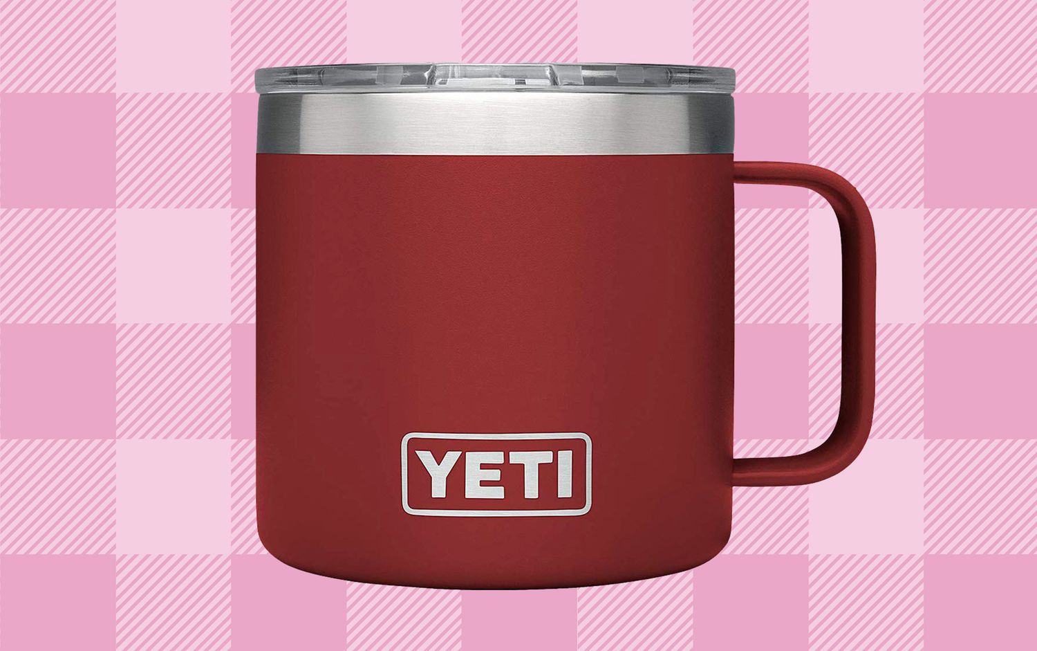Yeti red mug on a pink checkered background