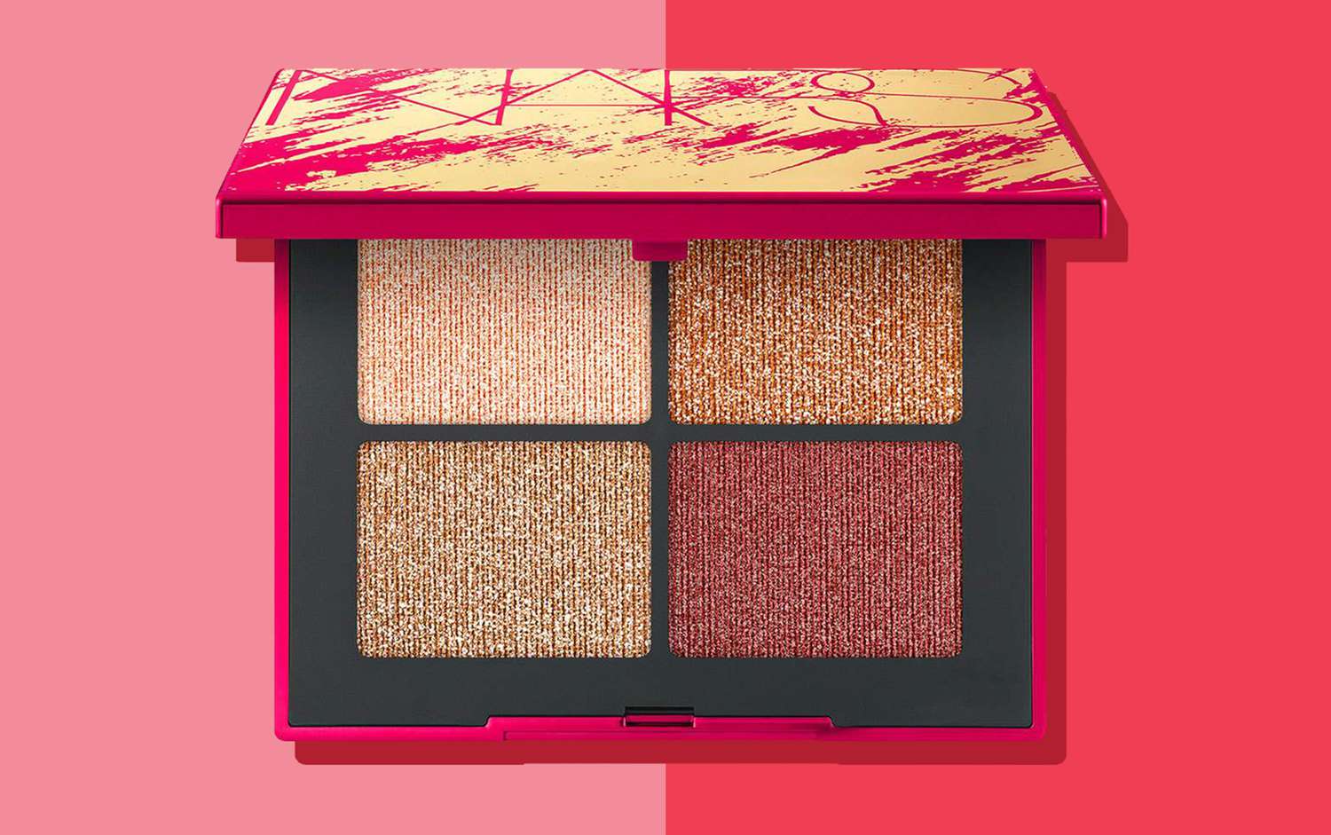Neiman Marcus quad of eyeshadows on a red background