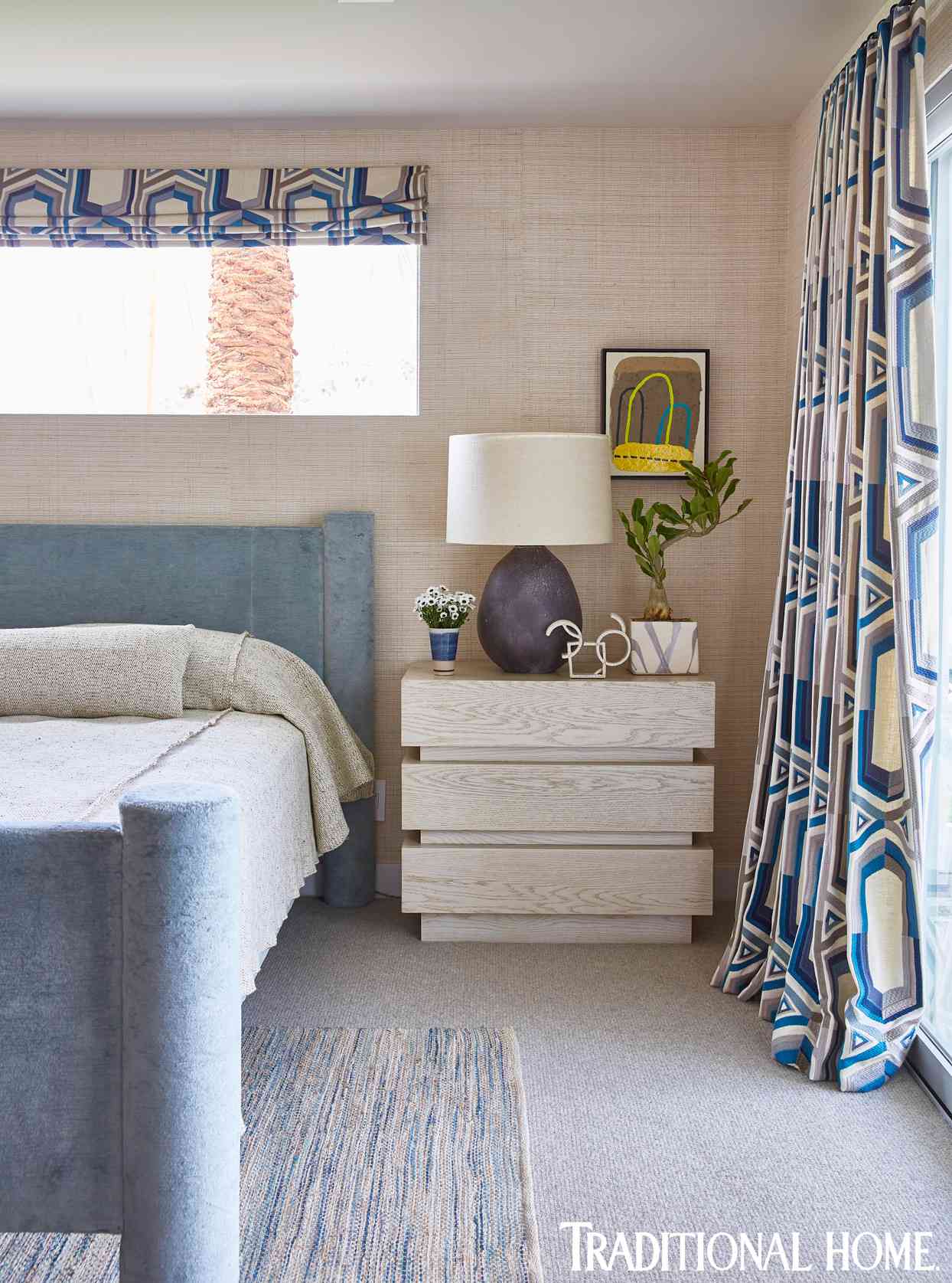 blue and beige midcentury modern guestroom