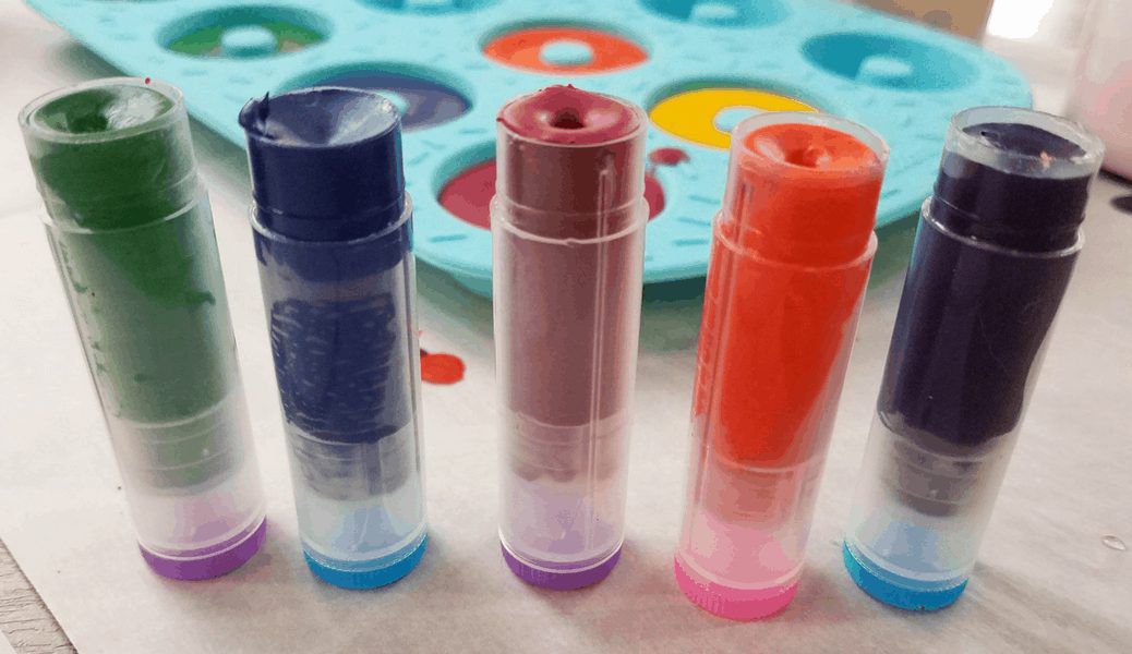 homemade crayons in lip balm containers