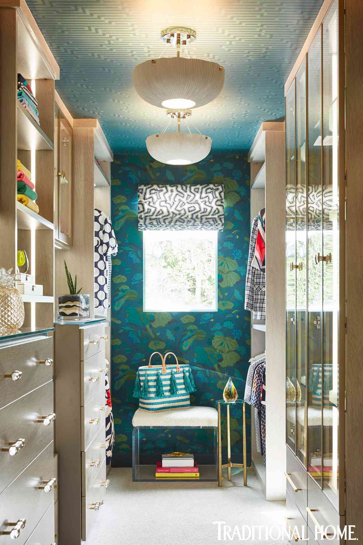 colorful midcentury modern closet with lily pad wallpaper