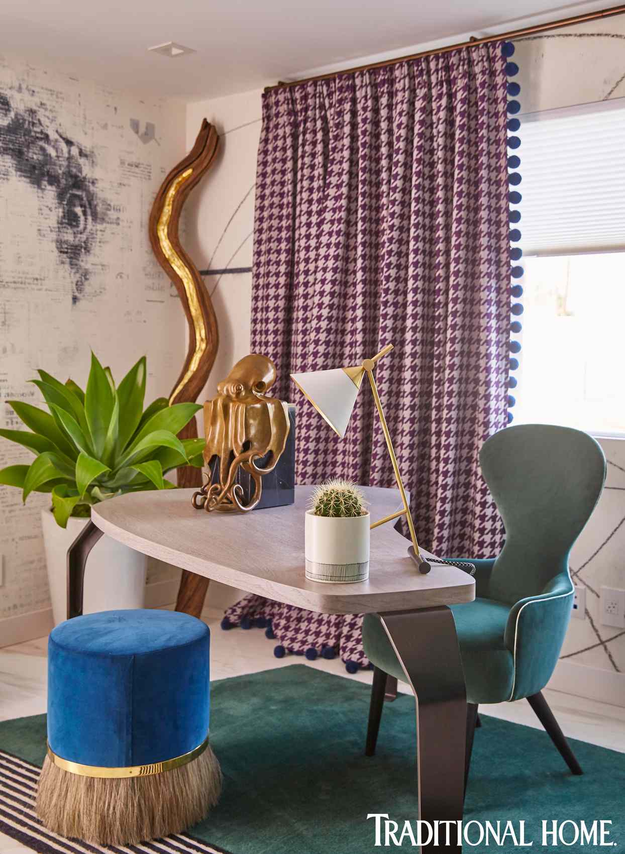 eclectic midcentury modern office suite with houndstooth curtain