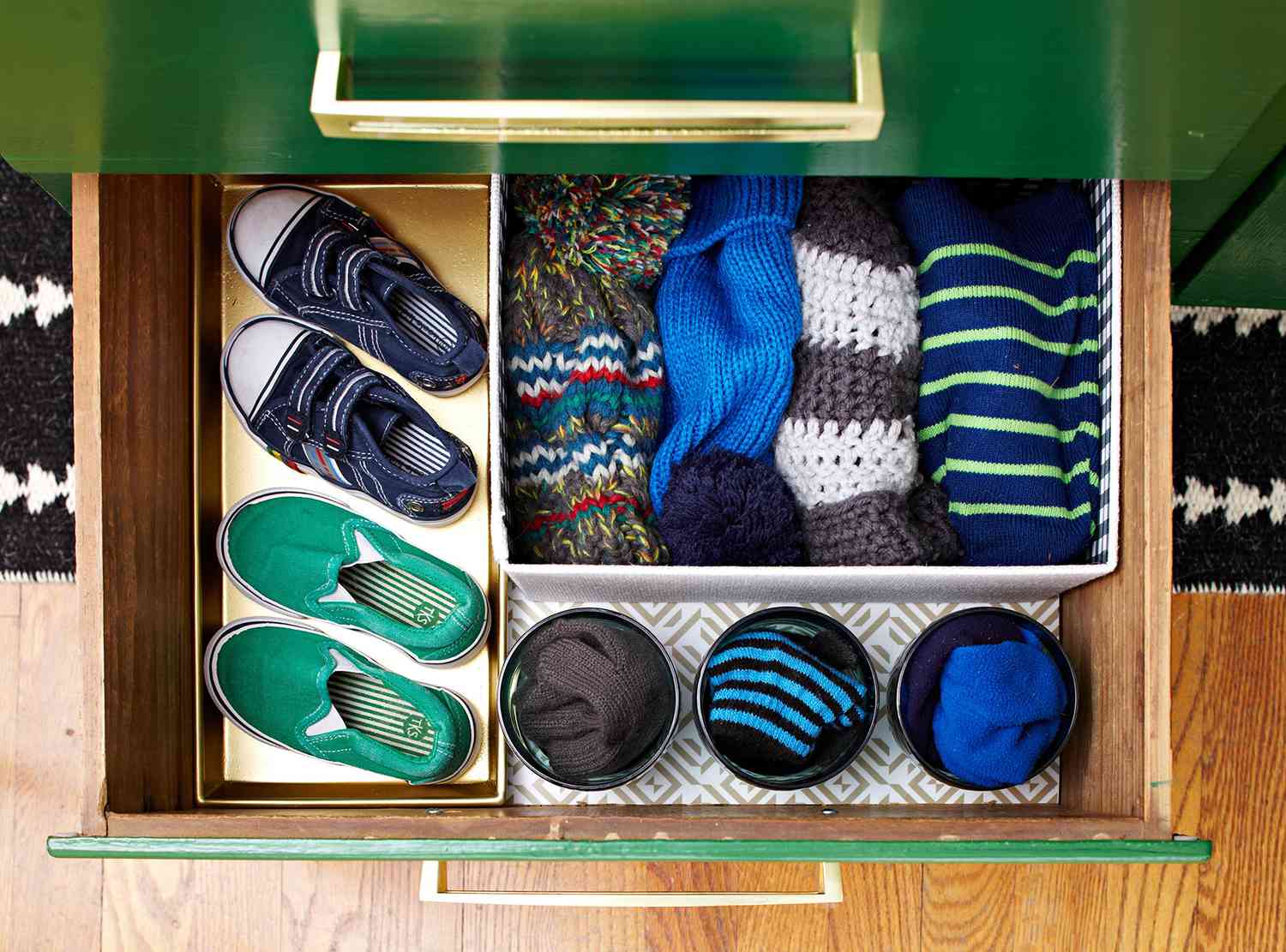 above view drawer organized shoes hats
