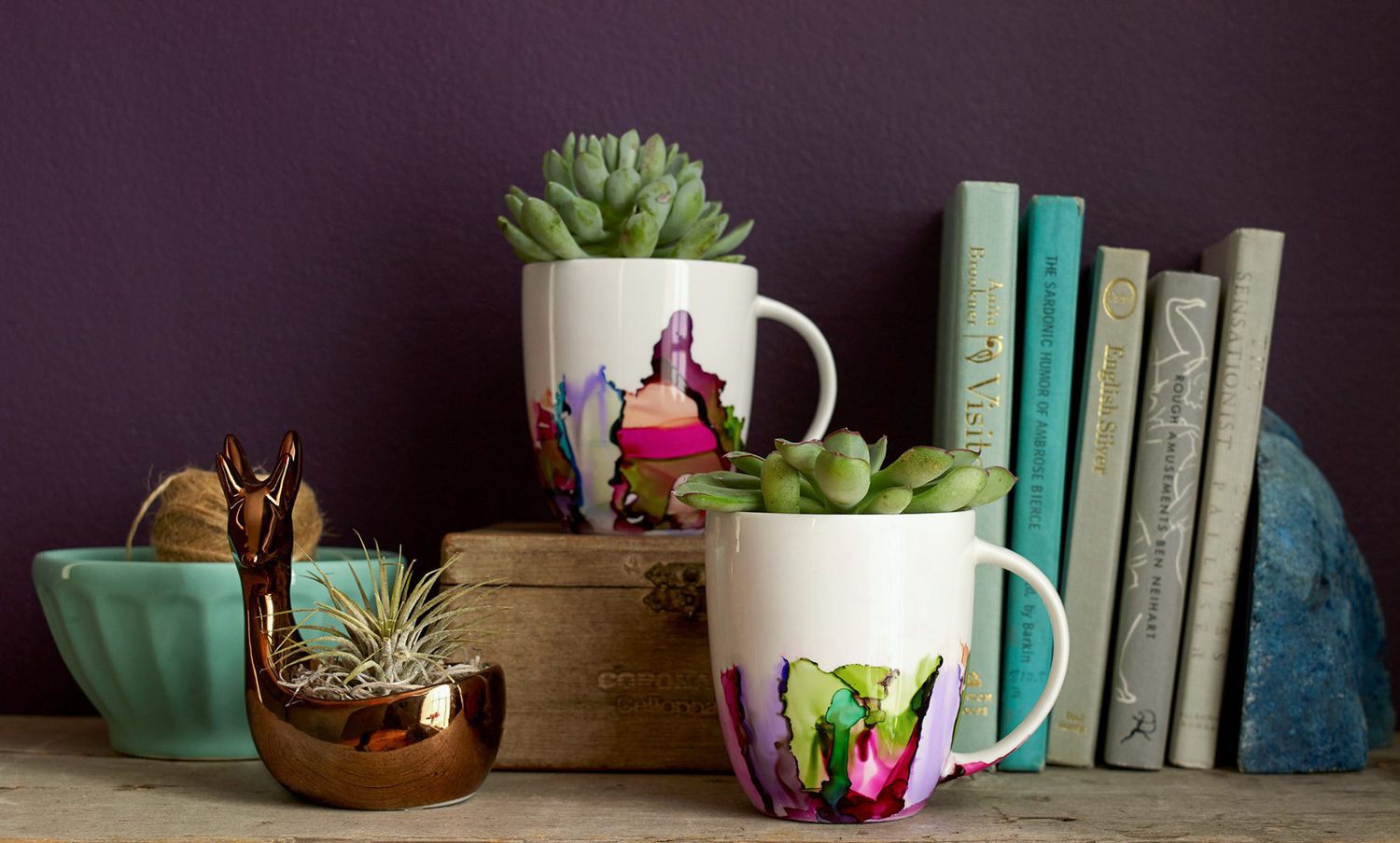 Succulent plants in mugs on table at home